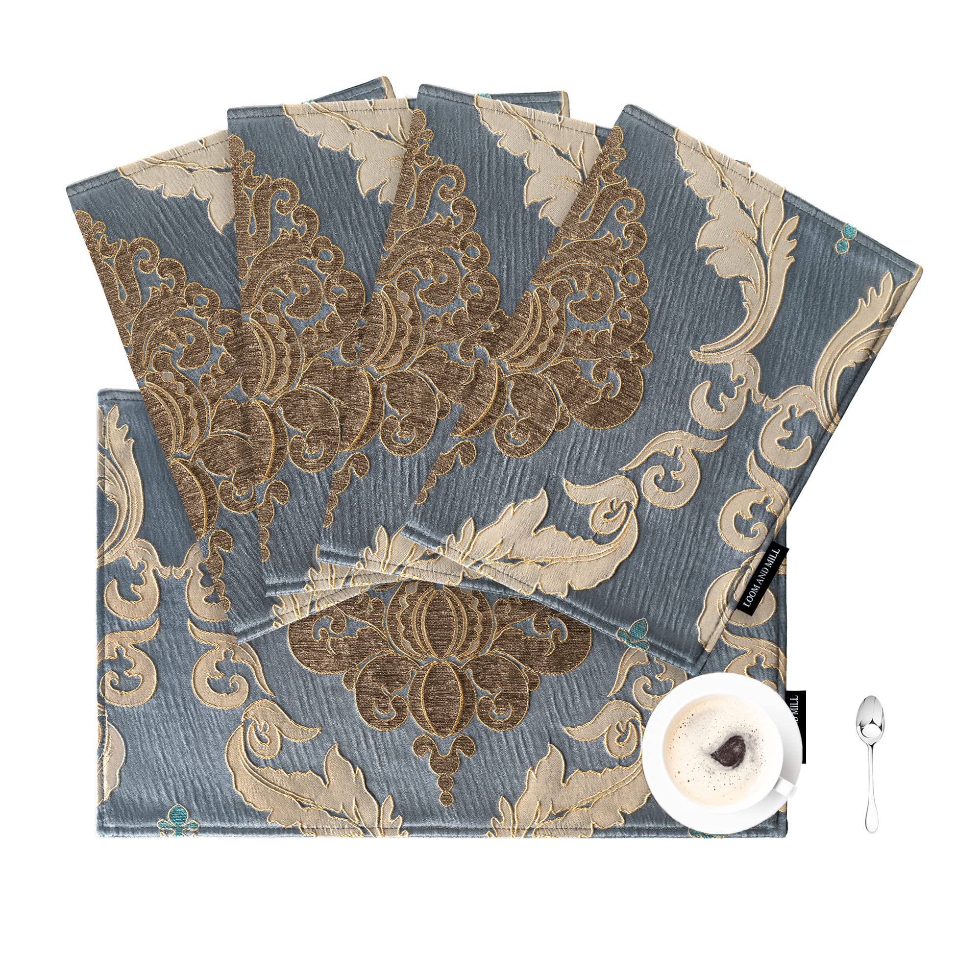 Loom And Mill Luxury Damask Placemats Set Of 4, Traditional Jacquard Table Place Mats For Dining Table Kitchen Room Holiday Banq