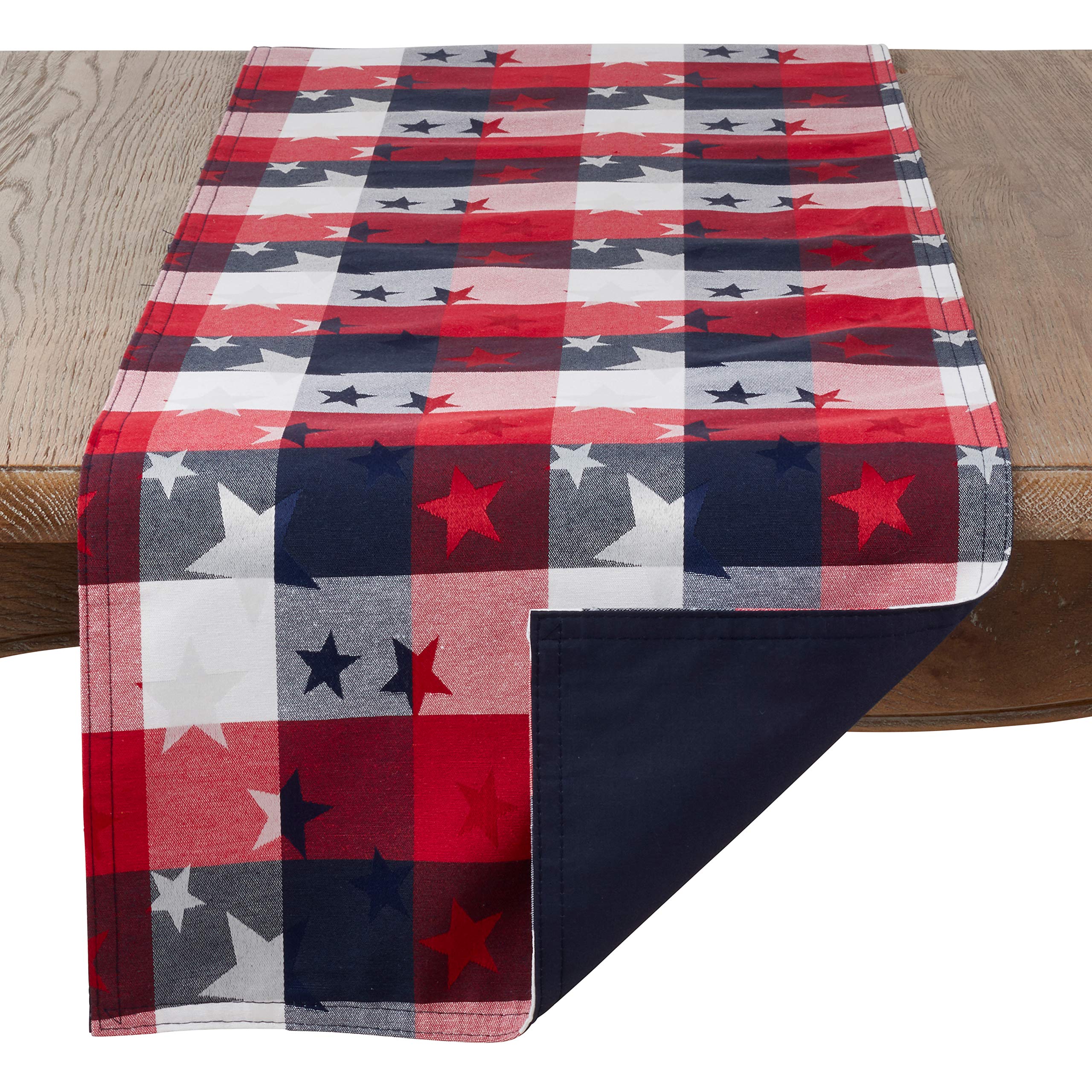 Red White and Blue Checkered with Stars Cotton/Polyester Blend Patriotic Table Runner  16''x72'' Rectangular - (1 Piece).