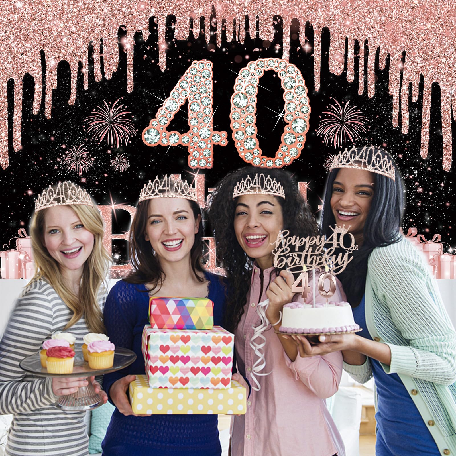 40Th Birthday Decorations For Women With Banner, Rose Gold Tablecloth, Number Balloons, 40Th Birthday Sash And Tiara, Cake Toppe