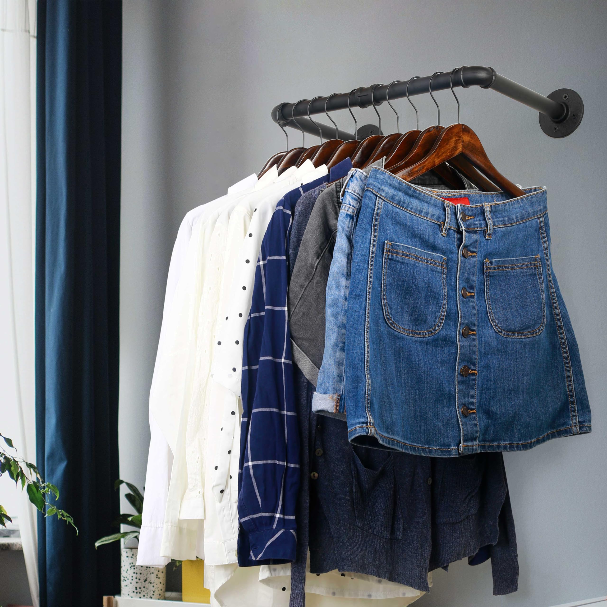 WEBI Clothing Rack Wall Mount 20'' Industrial Pipe Clothes Rack for Hanging Clothes Heavy Duty Iron Garment Rack Bar Retail Display Clothes Rod for Closet Laundry Room Black