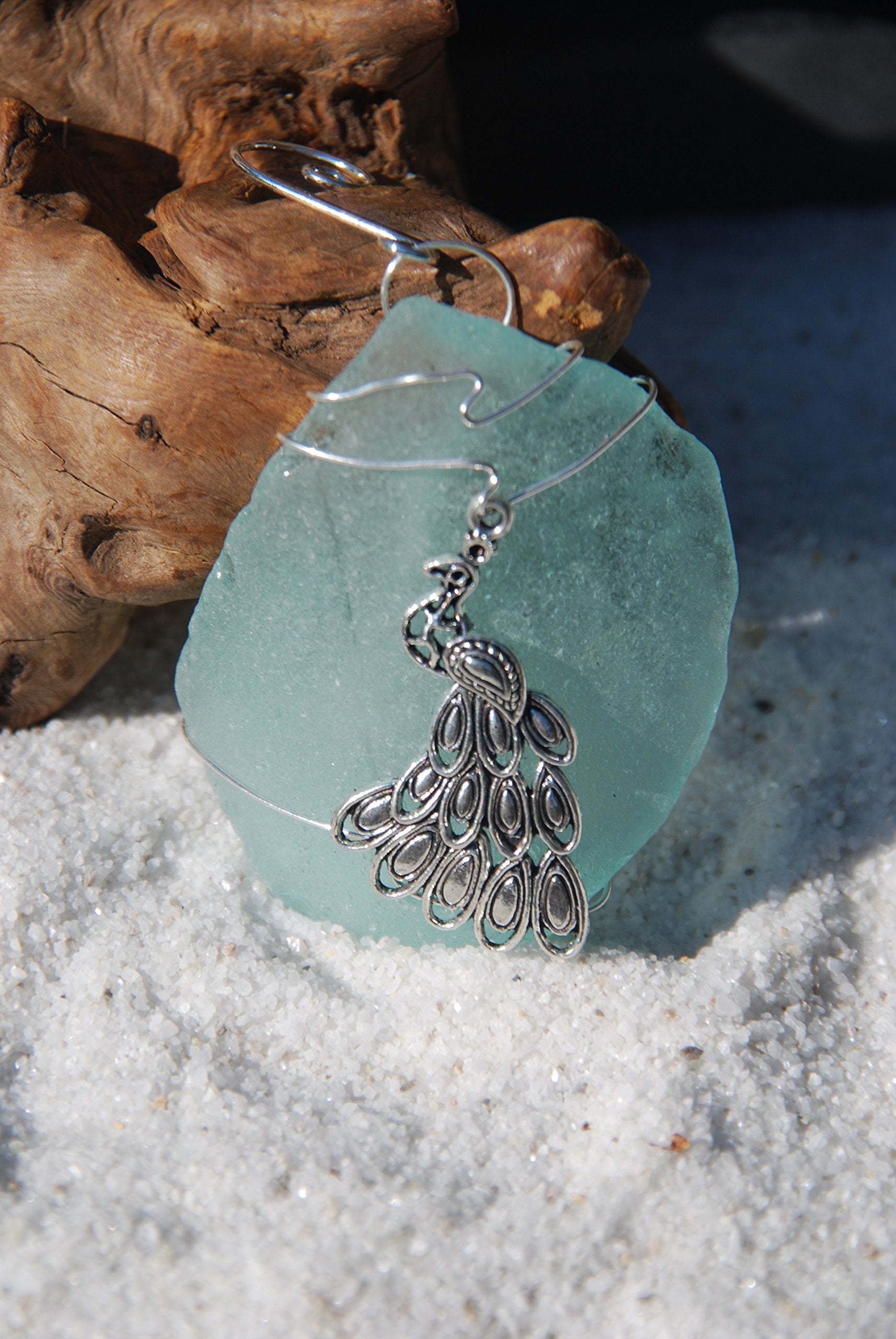 DejaVu Designs Silver Peacock Charm on a Genuine Sea Foam Sea Glass Ornament - Made to Order