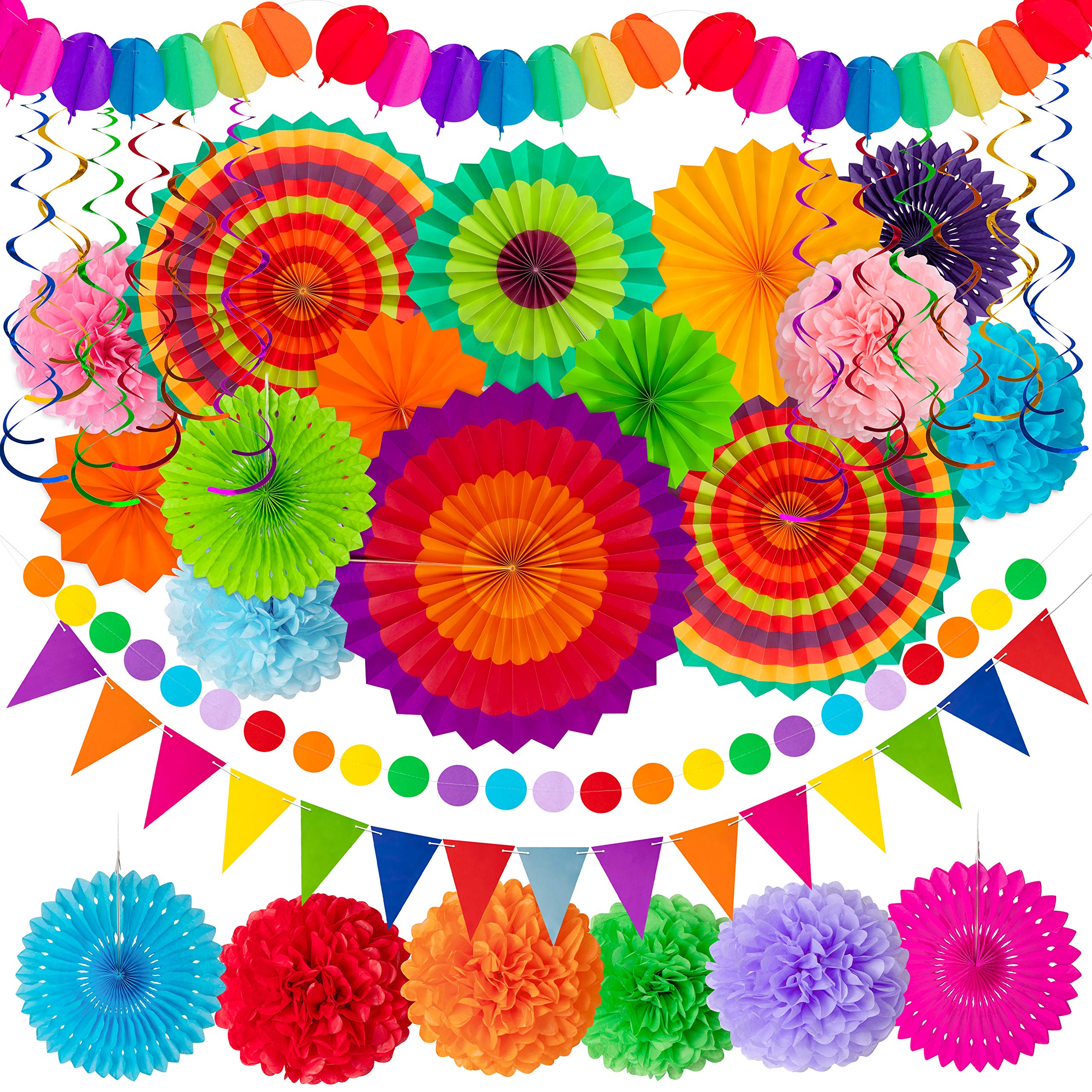 35Pcs Fiesta Paper Fan Party Decorations Set - Cinco De Mayo Pom Poms,Pennant,Garland String,Banner,Hanging Swirls Decor Supplie