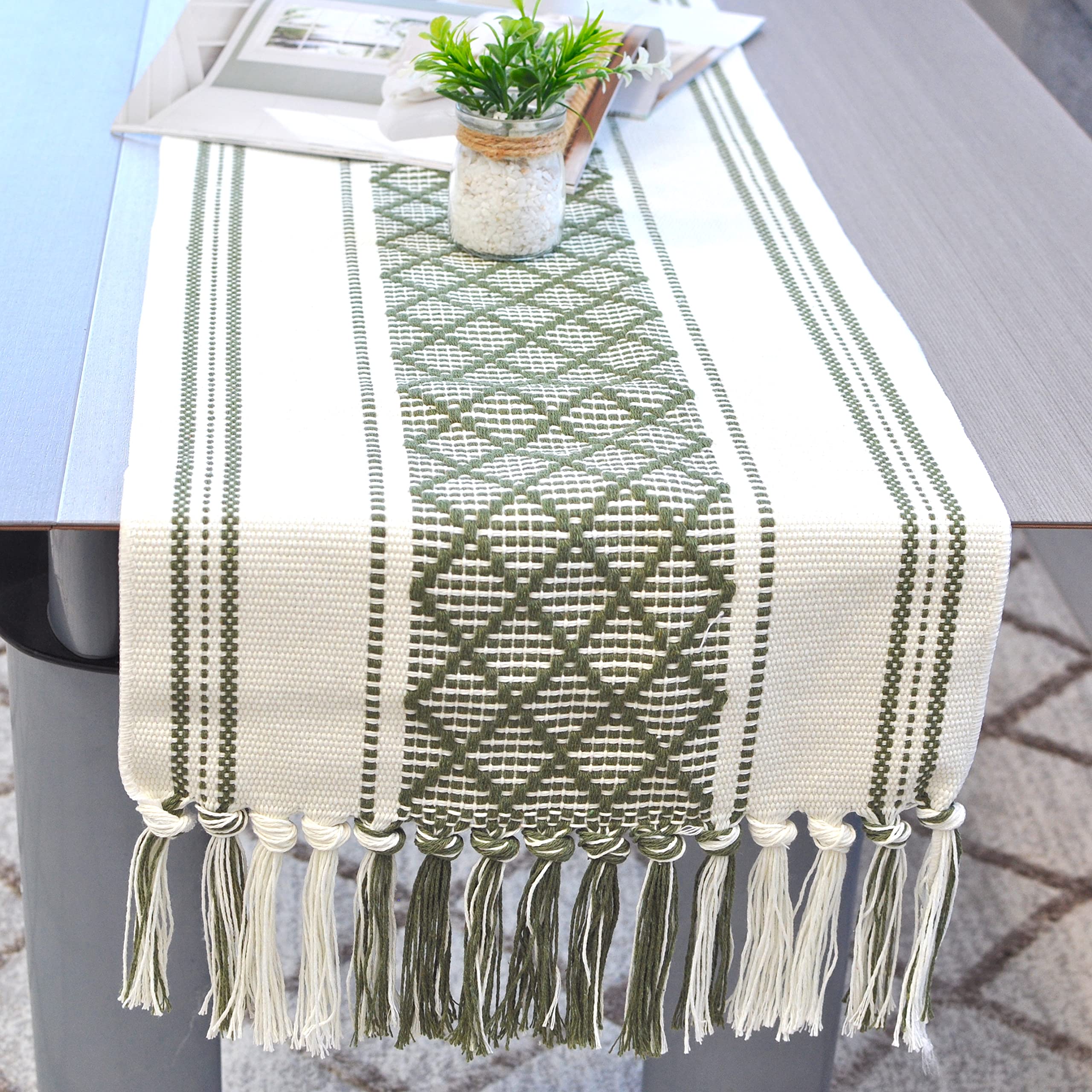 Boho Dining Table Runner With Tassels 14 X 90 Inches, Olive Green & Cream | Woven Washable Dresser Scarf For Bedroom | Farmhouse