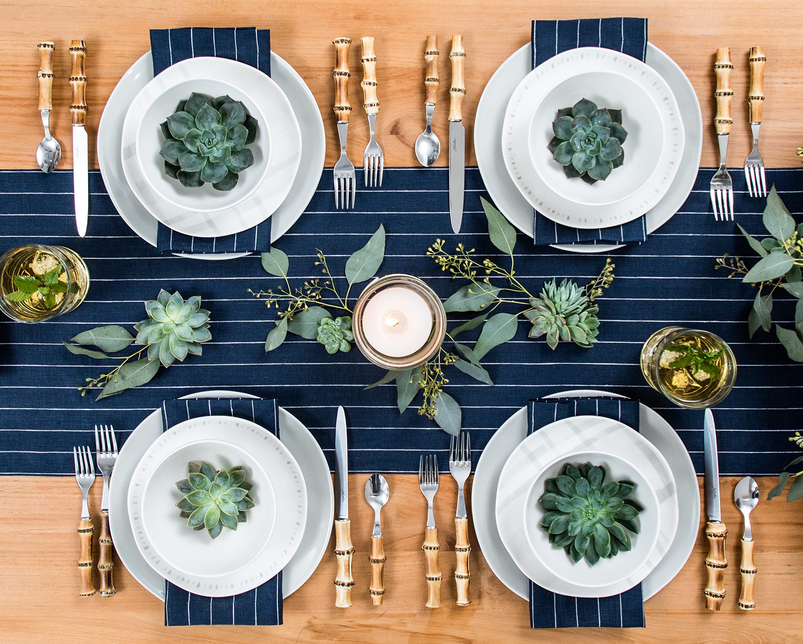 Solino Home Pinstripe Linen Table Runner 36 Inch - 100% Pure Linen Navy And White Table Runner 14 X 36 Inch - Machine Washable F