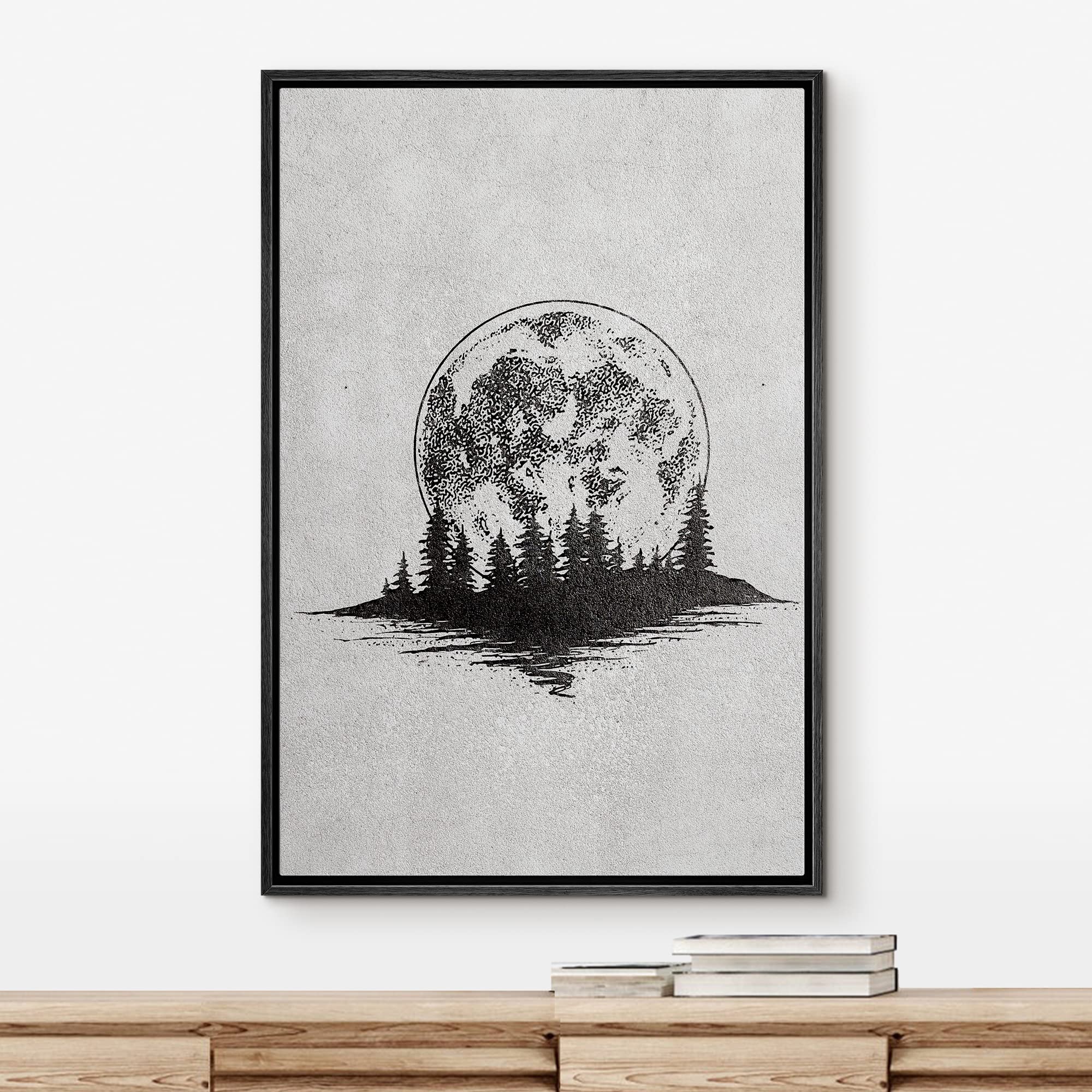NWT Framed Canvas Print Wall Art Sketch Style Moon Over Pine Tree Forest Nature Wilderness Photography Realism Minimalist Scenic Black and White for Living Room  Bedroom  Office - 16''x24'' Black