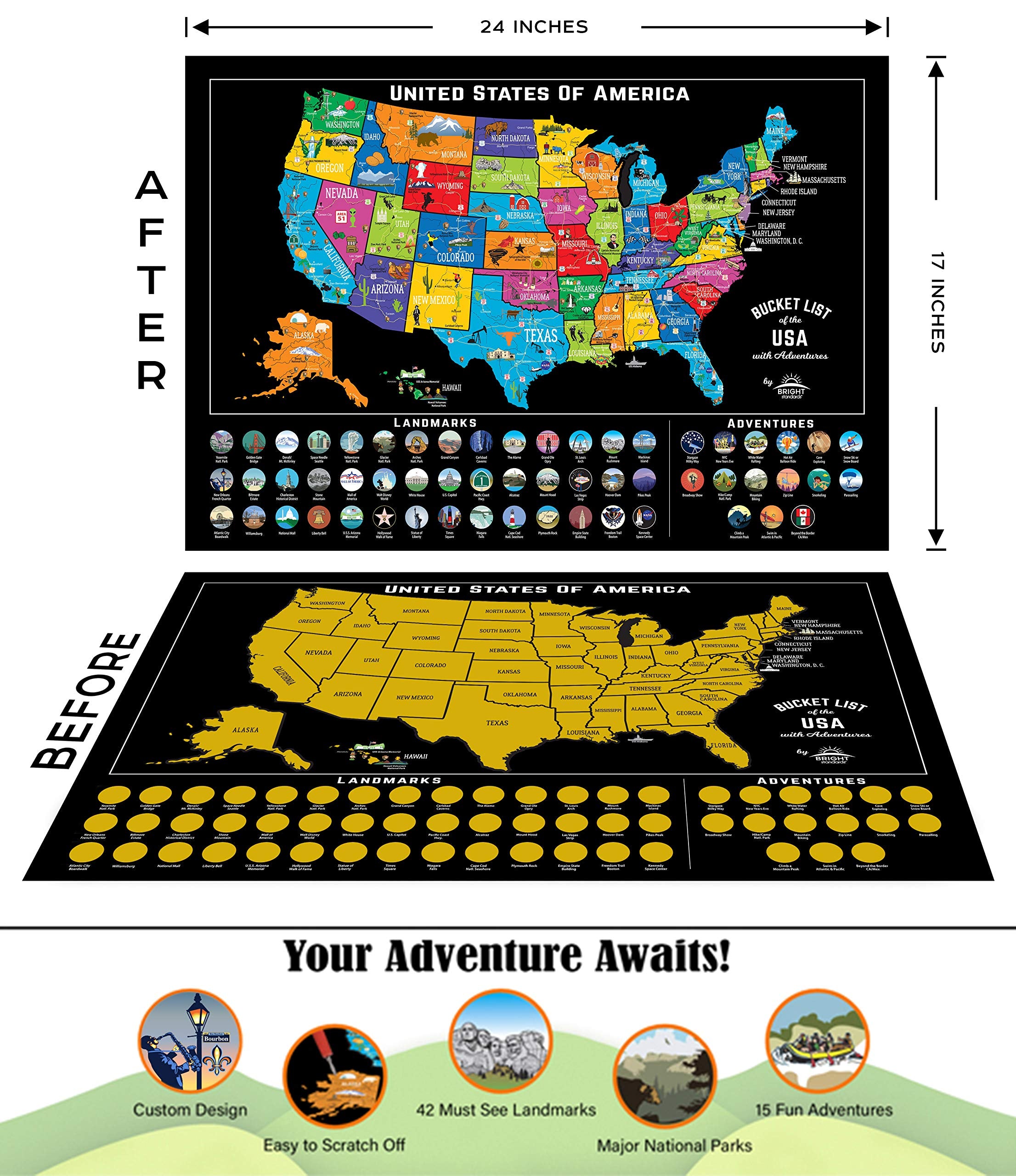 Scratch Off Map Of United States + All 63 Us National Parks Scratch Off Poster, 85 Usa Landmarks, Travel Map Kit, 50 State Photo