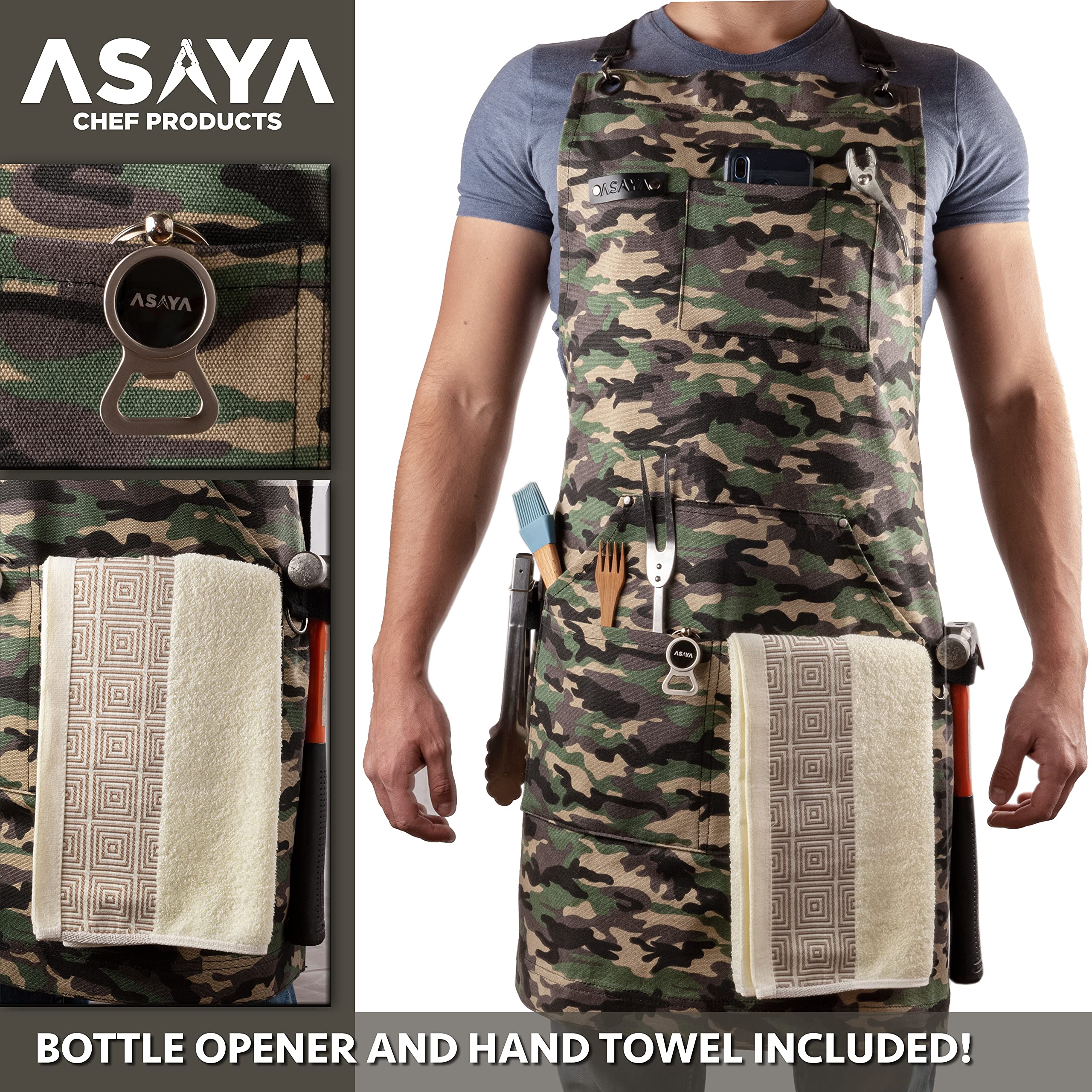 Asaya Chef, Bbq And Work Apron With Bottle Opener And Hand Towel - Durable 10Oz Cotton Canvas, Brass Hardware And Cross Back Str