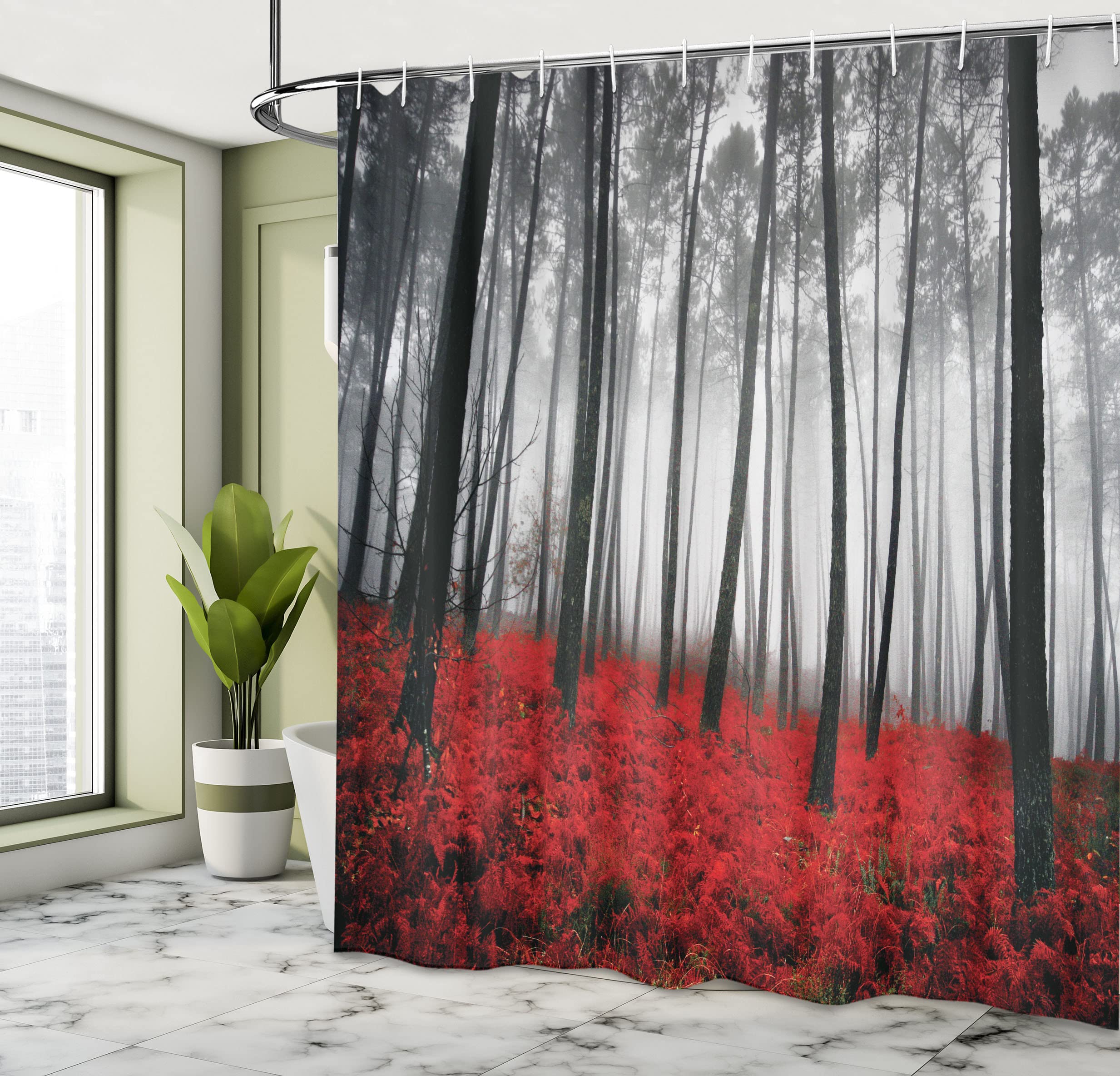 Ambesonne Forest Shower Curtain, Mystical Fantastic Theme Woodland Fog Trees Bushes Contrast Colors Art Photography, Cloth Fabri