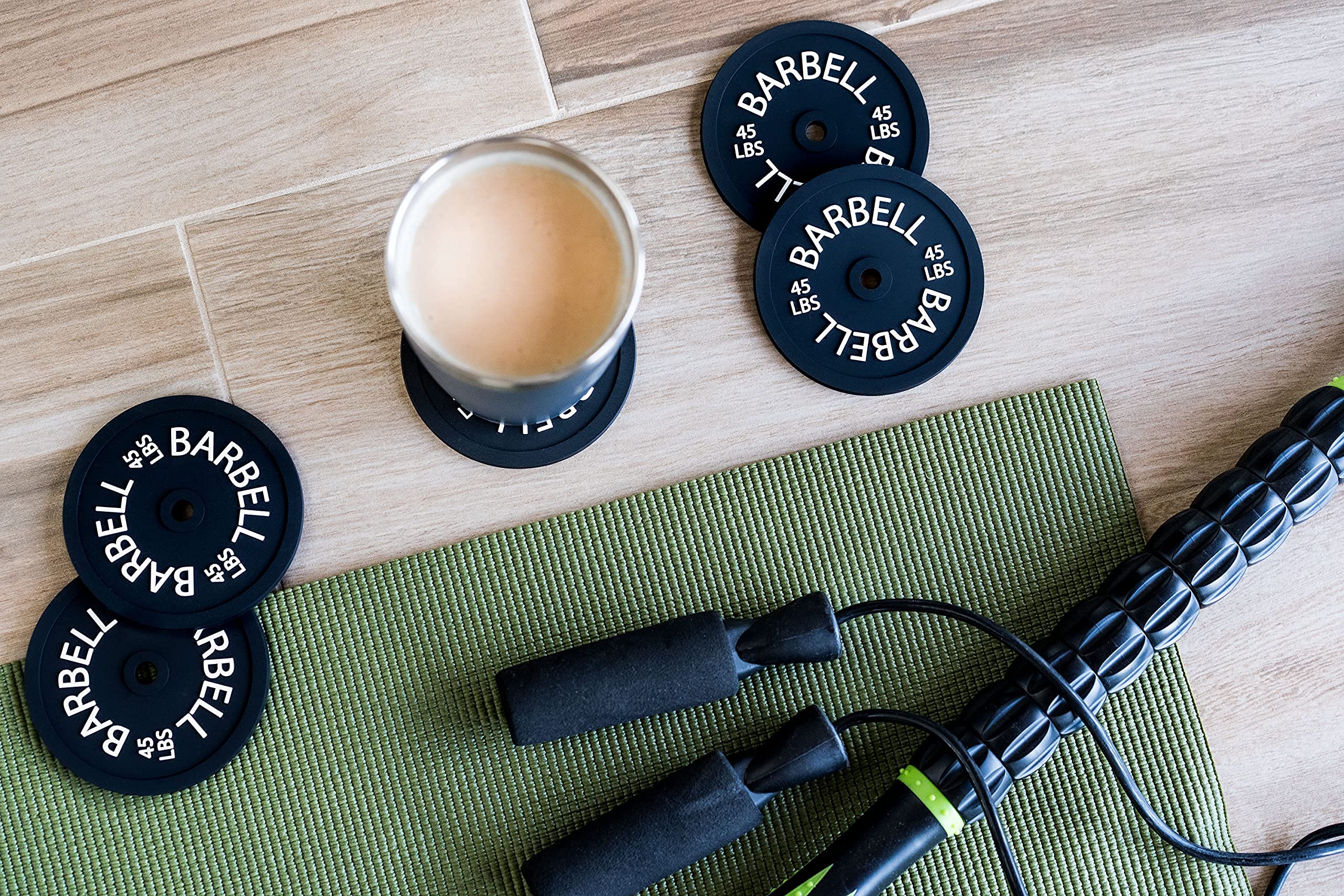 6 Set Barbell Bumper Plate Drink Coasters, Round Black Silicone Coasters, Coasters For Coffee Table, Coasters For Drinks, Absorb