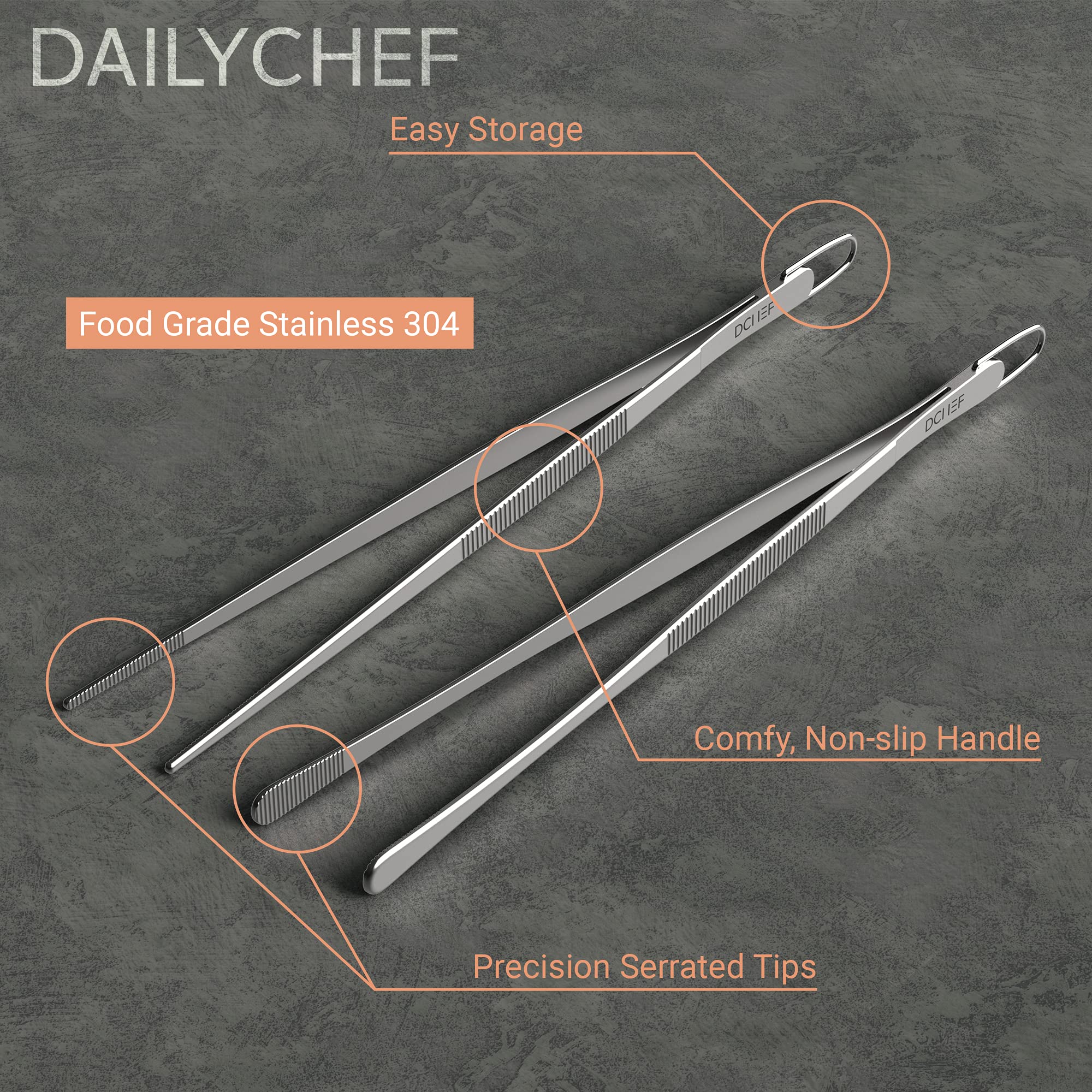 Dailychef 2 Stainless Steel 12 Inch Extra Long Fine Tweezer Tongs Set With Precision Serrated Tips For Professional Cooking & Ki