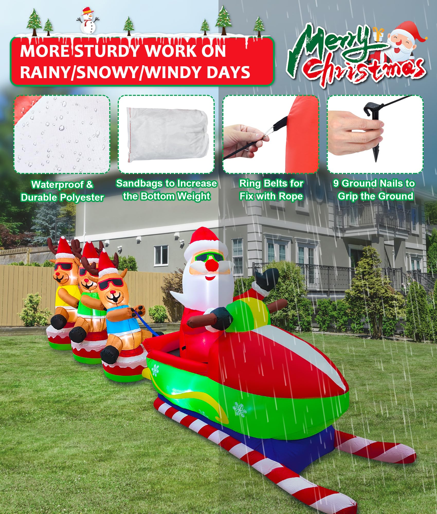 EAONE 12FT Christmas Inflatable Santa Claus with Reindeers & LEDs, Multi-colored Outdoor Yard Decoration, Model BDD078
