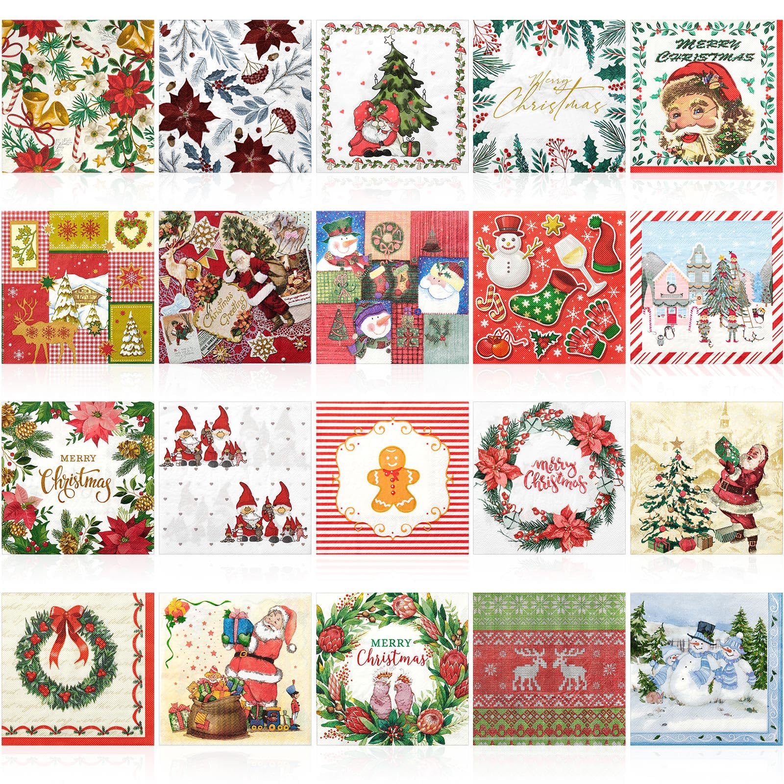 Crtiin 20 Pack Assorted Christmas decoupage napkins Santa Snowman Tree Napkins Decorative Beautiful for Birthday Xmas Winter Par