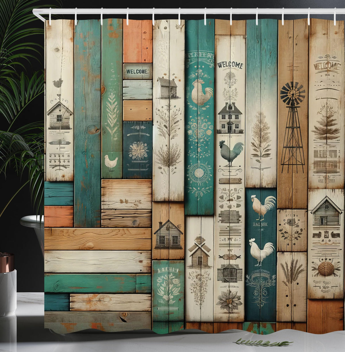 Ambesonne Farmhouse Shower Curtain, Rustic Themed Weathered Wooden Planks With Country Life Items, Cloth Fabric Bathroom Decor S