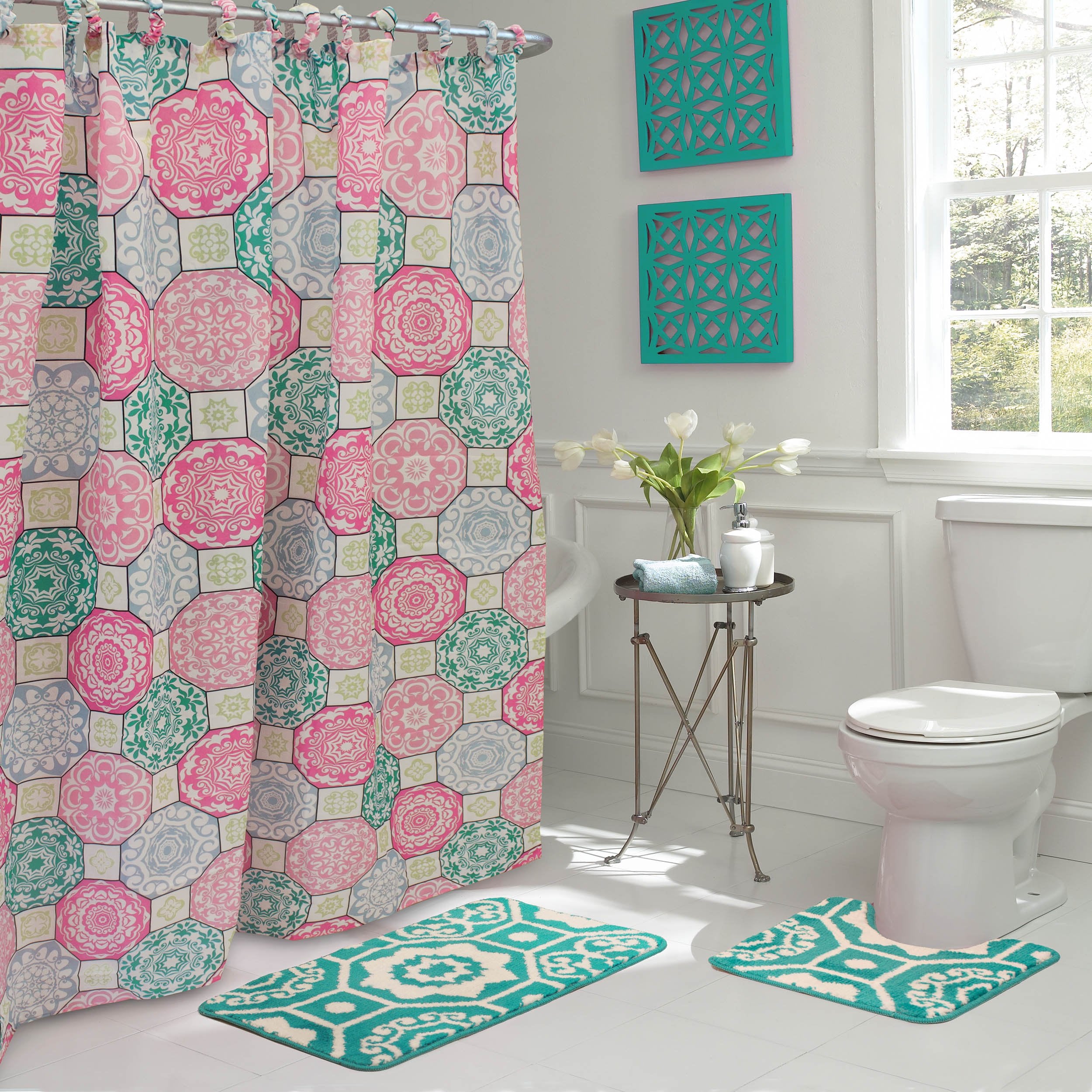 Creative Home Ideas 15-Piece Bathroom Shower Curtain Set - Set Of 1 Shower Curtain & 12 Metal Hooks & 1 Bath Mat & 1 Contour Mat