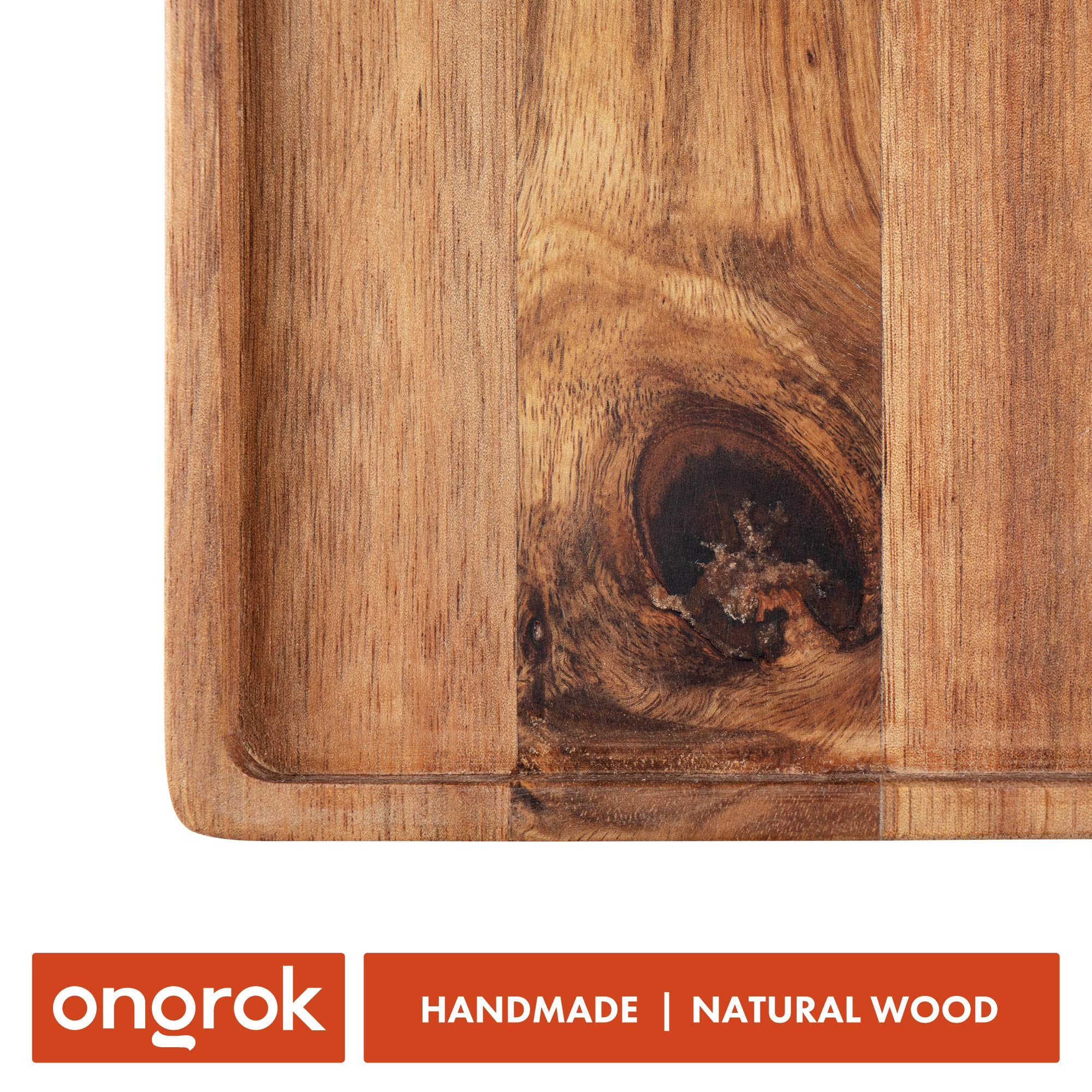 ONGROK Natural Acacia Wood Decorative Tray | Large Rolling Surface, Handmade, Sustainable Wood, Easy to Clean, No Spill (Leaf De