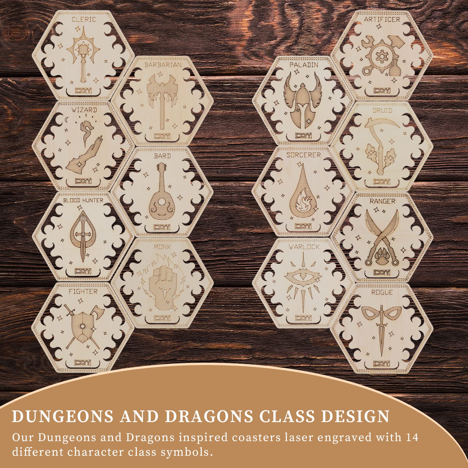 D&D Class Coasters Set Of 14 With Holder Hexagon Gaming Mug Mats Wooden Laser Engraved Dnd Classes Icons Gift For Dungeons And D
