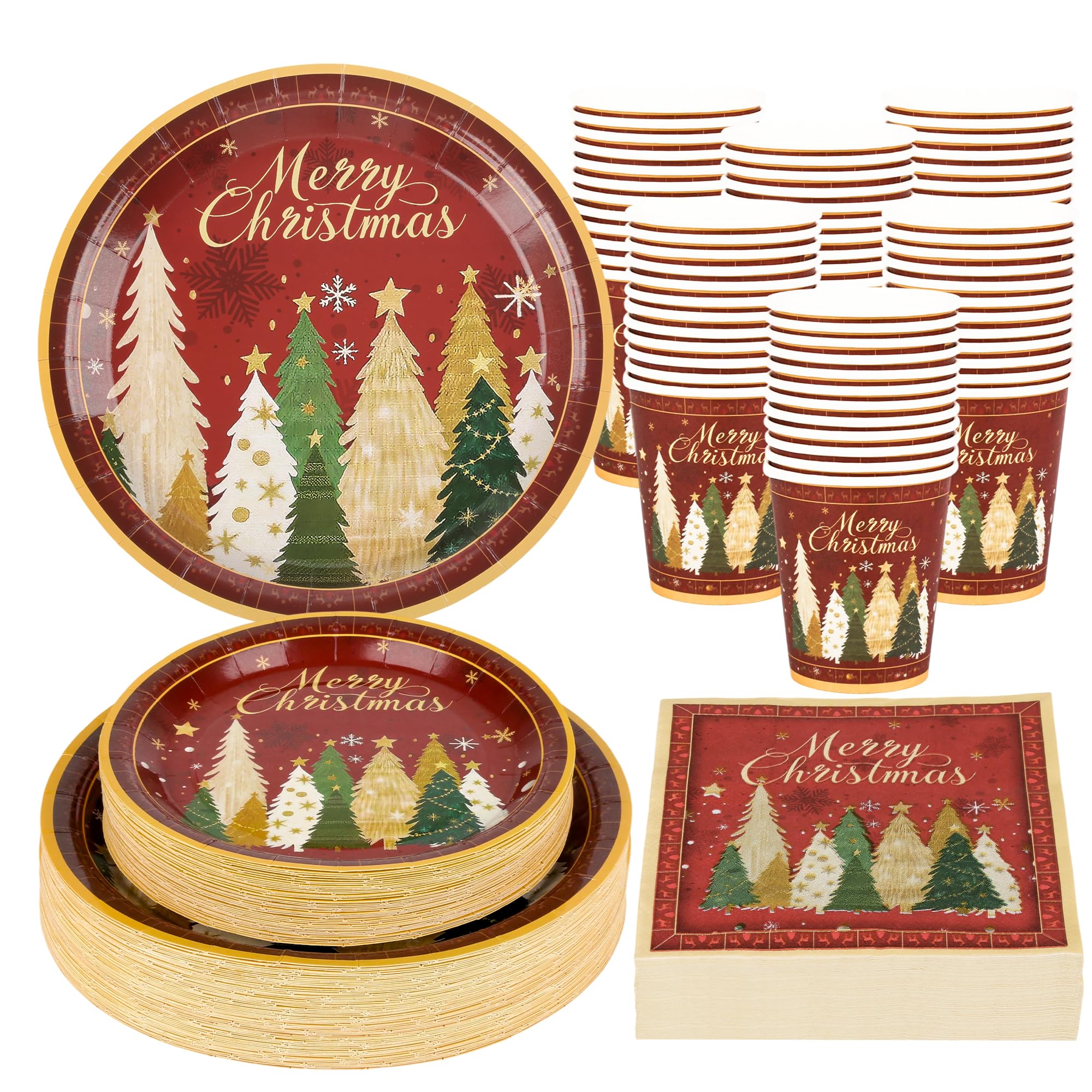 Purhapfre 200Pcs Christmas Paper Plates Napkins and Cups Set, Xmas Disposable Party Dinnerware with Merry Tree Design, Holiday T