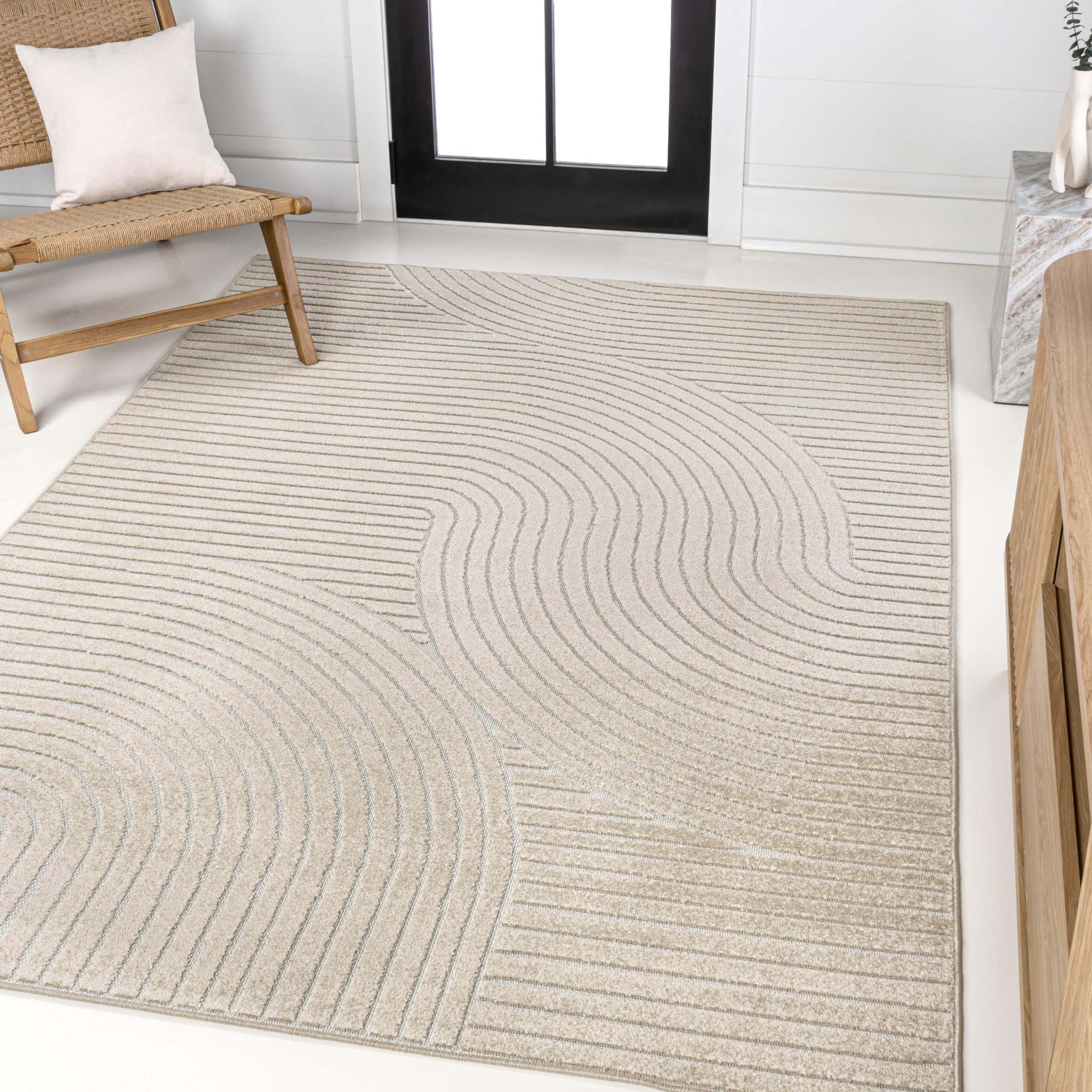 JONATHAN Y SCN100D-3 Hallie High-Low Minimalist Curve Geometric Beige/Cream 3 ft. x 5 ft. Indoor/Outdoor Area Rug for Patio, Bac