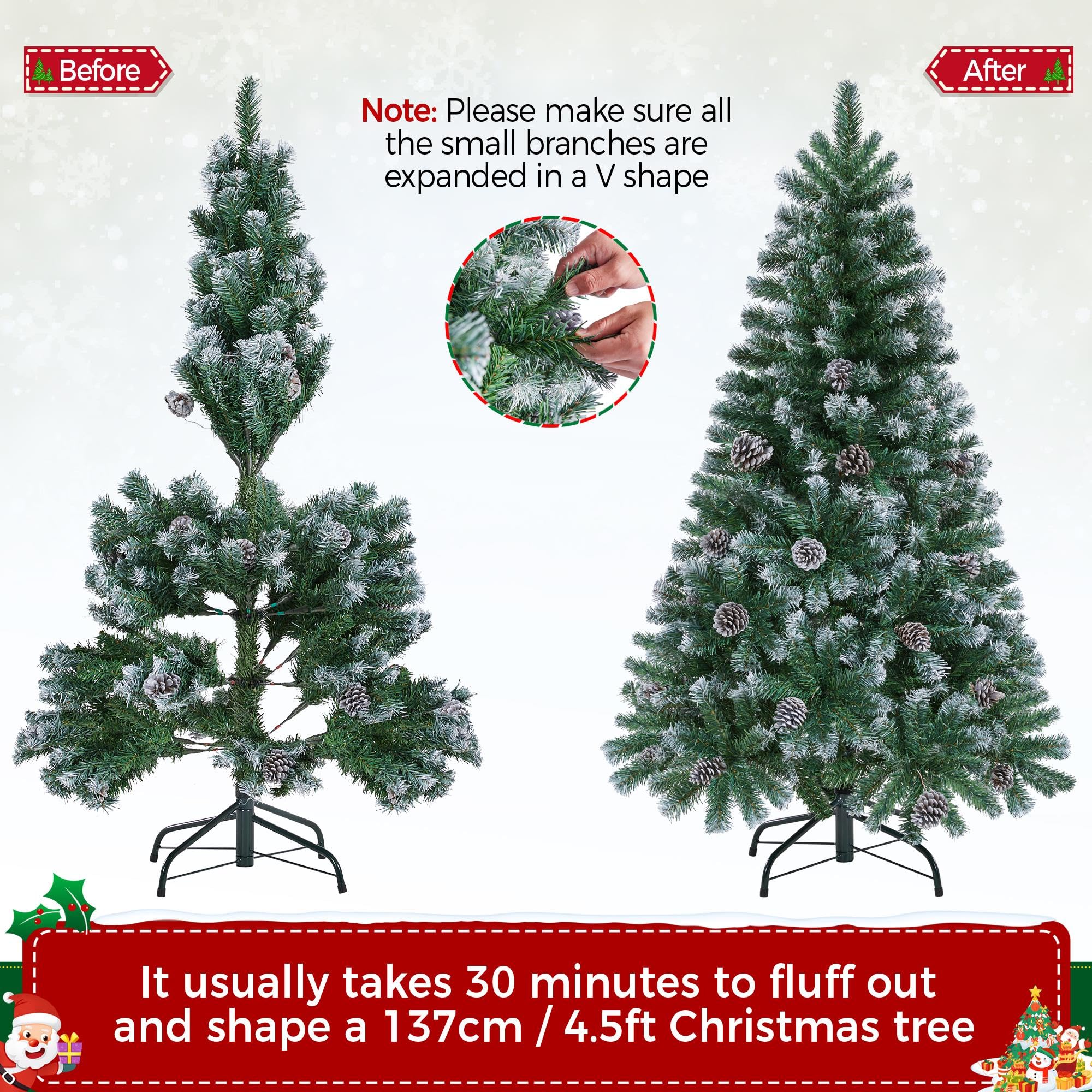 Yaheetech 4.5ft Artificial Christmas Tree, Snow Flocked Christmas Tree w/35 Pinecones, 412 Frosted Tips, Pre-Decorated Tree for