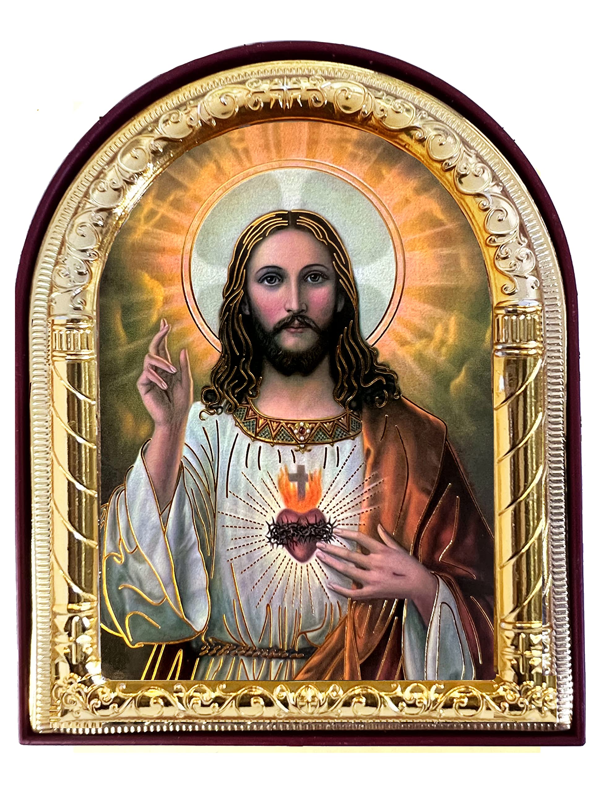 Needzo Sacred Heart of Jesus Icon Arched, Gold Foil Icon of Jesus Christ, With Stand and it is Wall Hanging 4 1/16 Inch, Catholi