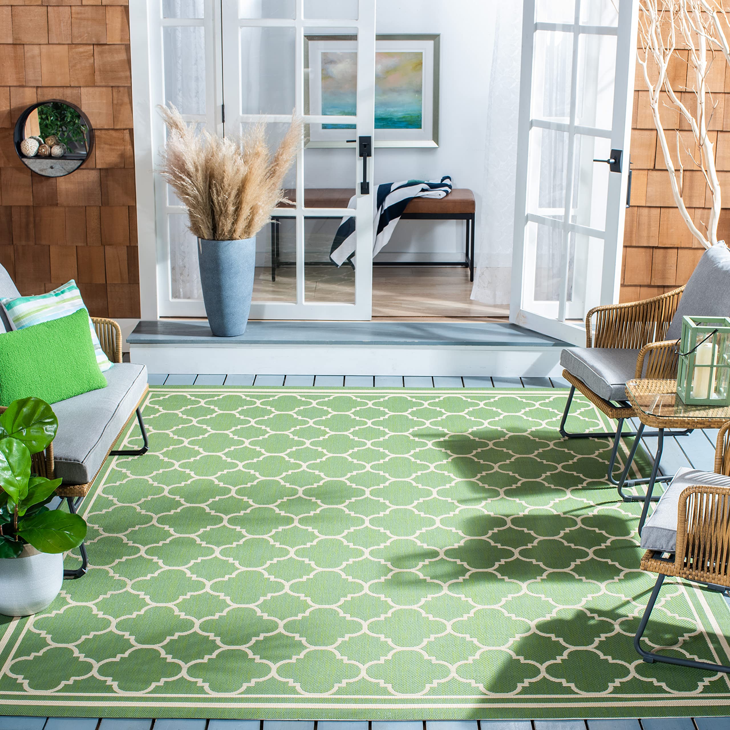 SAFAVIEH Courtyard Collection Area Rug - 67 Square, Green & Beige, Trellis Design, Non-Shedding & Easy Care, Indoor/Outdoor & W