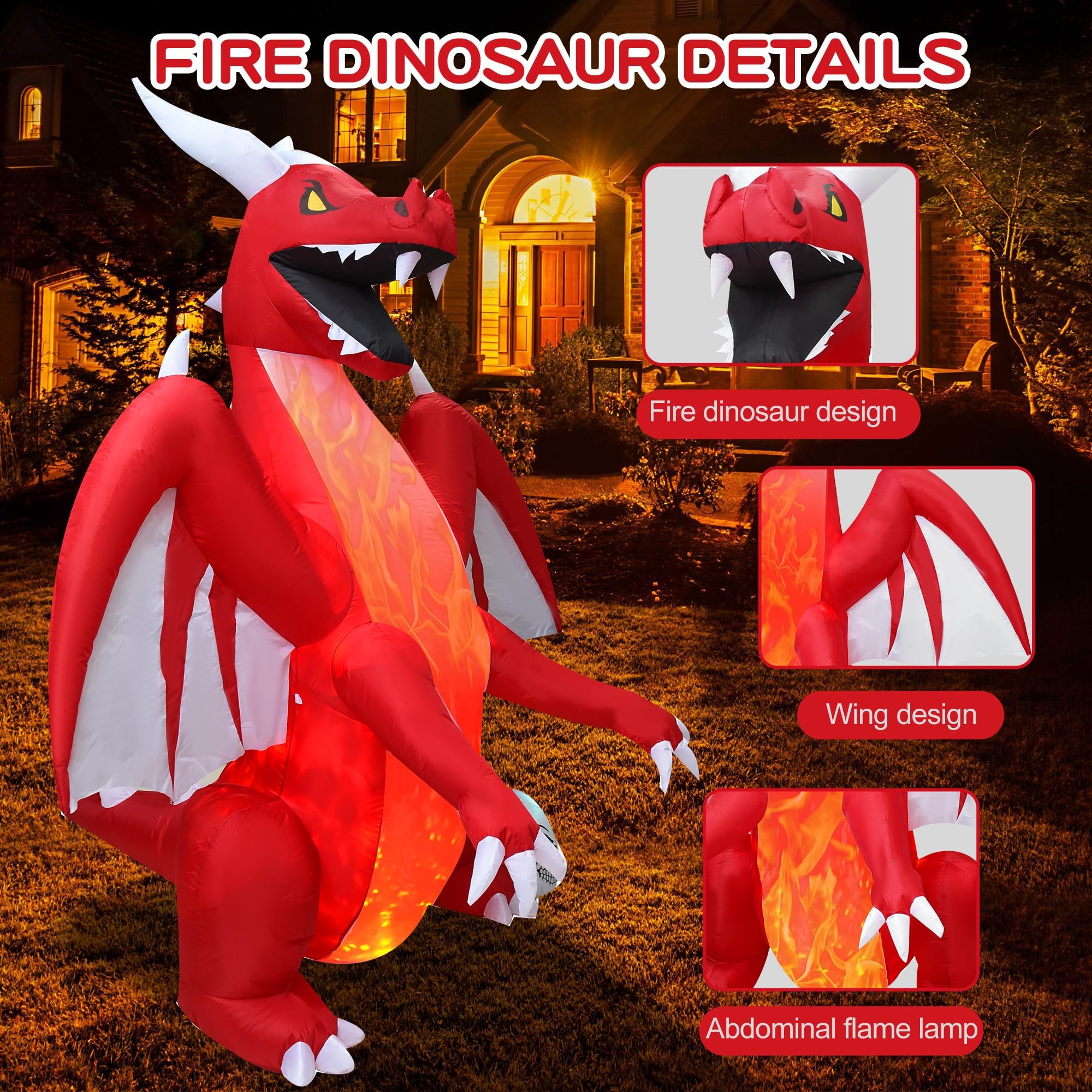 DearSun 8FT H Halloween Inflatable Dragon with Skull Next to The Foot, Blow up Dragon Inflatable with Red Flame lamp Inside Outd
