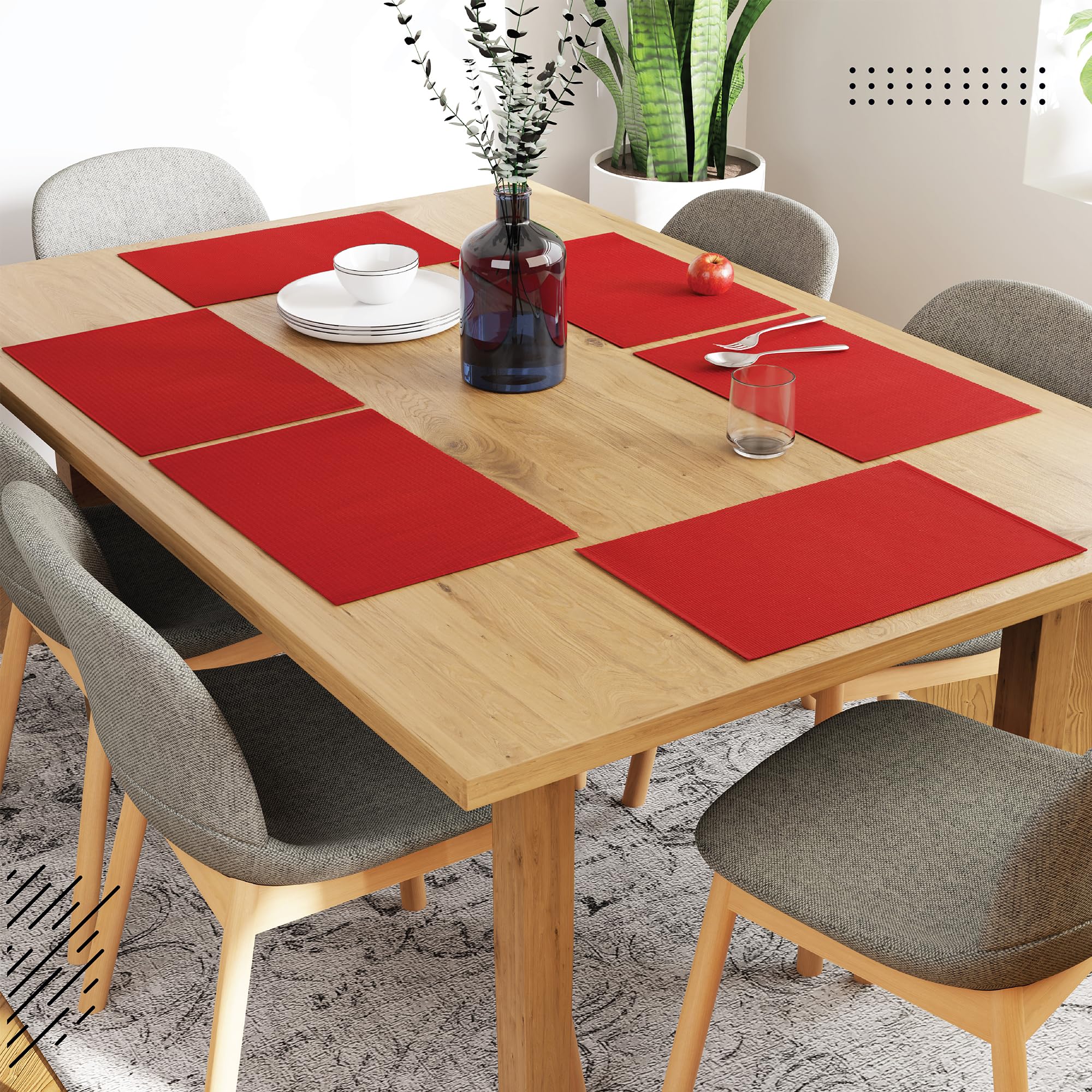 Encasa Xo Dining Placemat Set Of 6 | Solid Red Color | Fine Ribbed Cotton Table Mat | Size 19X13 In | Machine Washable