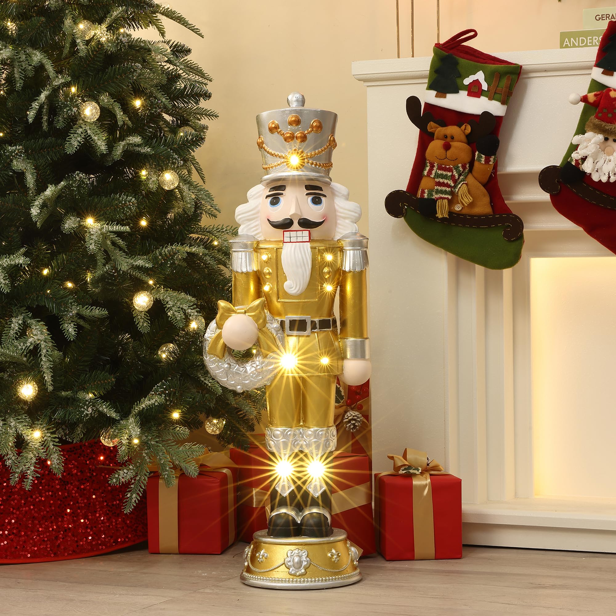 LuxenHome 3FT Tall Nutcracker Christmas Decoration, Elegant Lighted Holiday Nutcracker Soldier Statue with Wreath, Christmas Dec