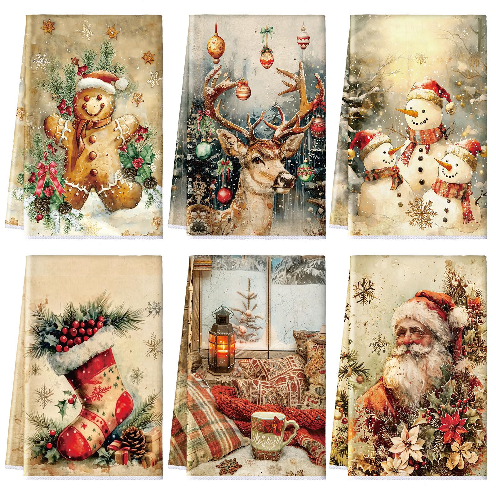 Hosuly 6 Pcs Christmas Kitchen Towels Hand Towels Christmas Snowman Santa Elk Dish Cloth Xmas Tree Cloth Housewarming Gifts for 