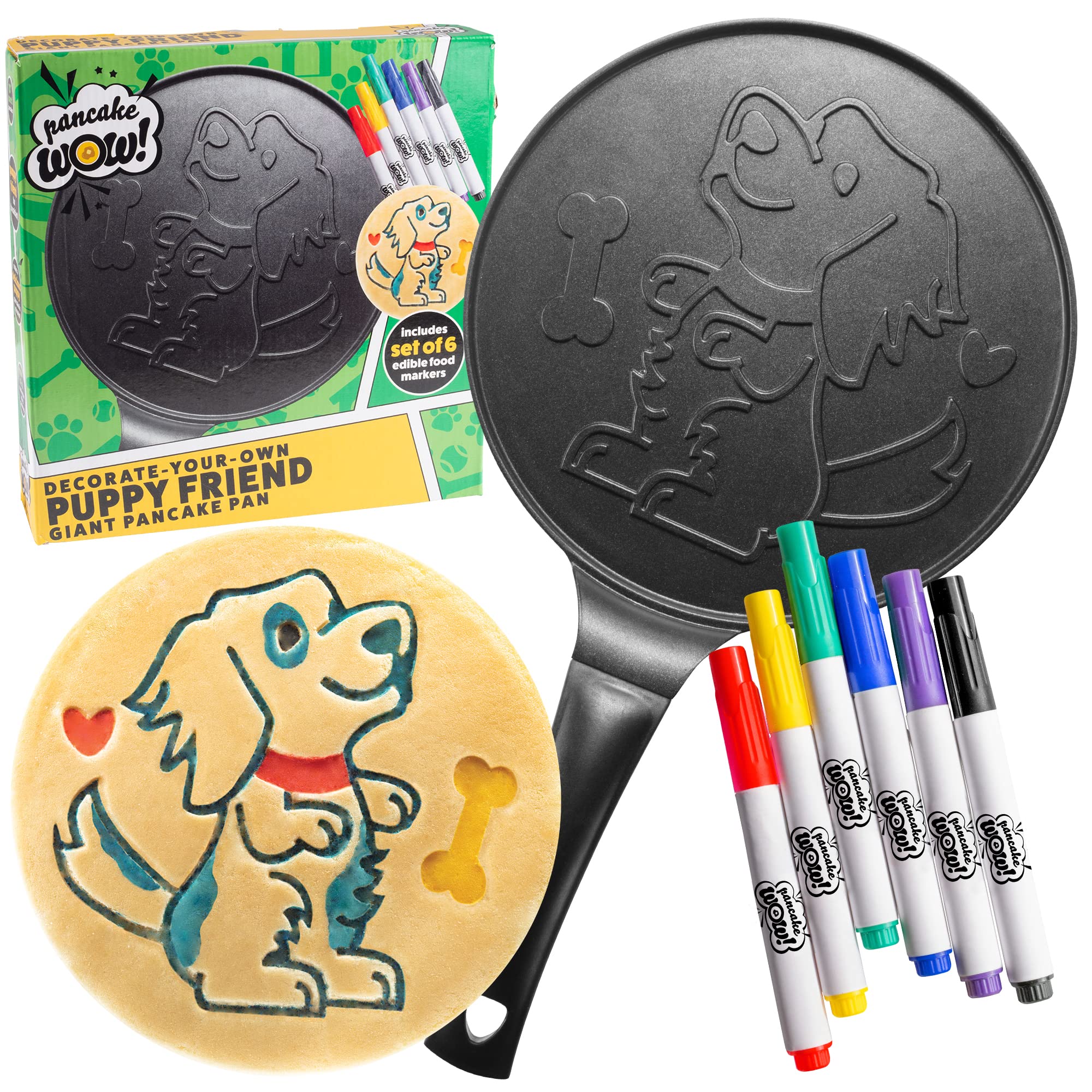 Cucinapro Jumbo Pancake Pan - Puppy - Make Giant 10'' Pancakes For Magical Kid'S Breakfast - Includes 6 Edible Markers For Added