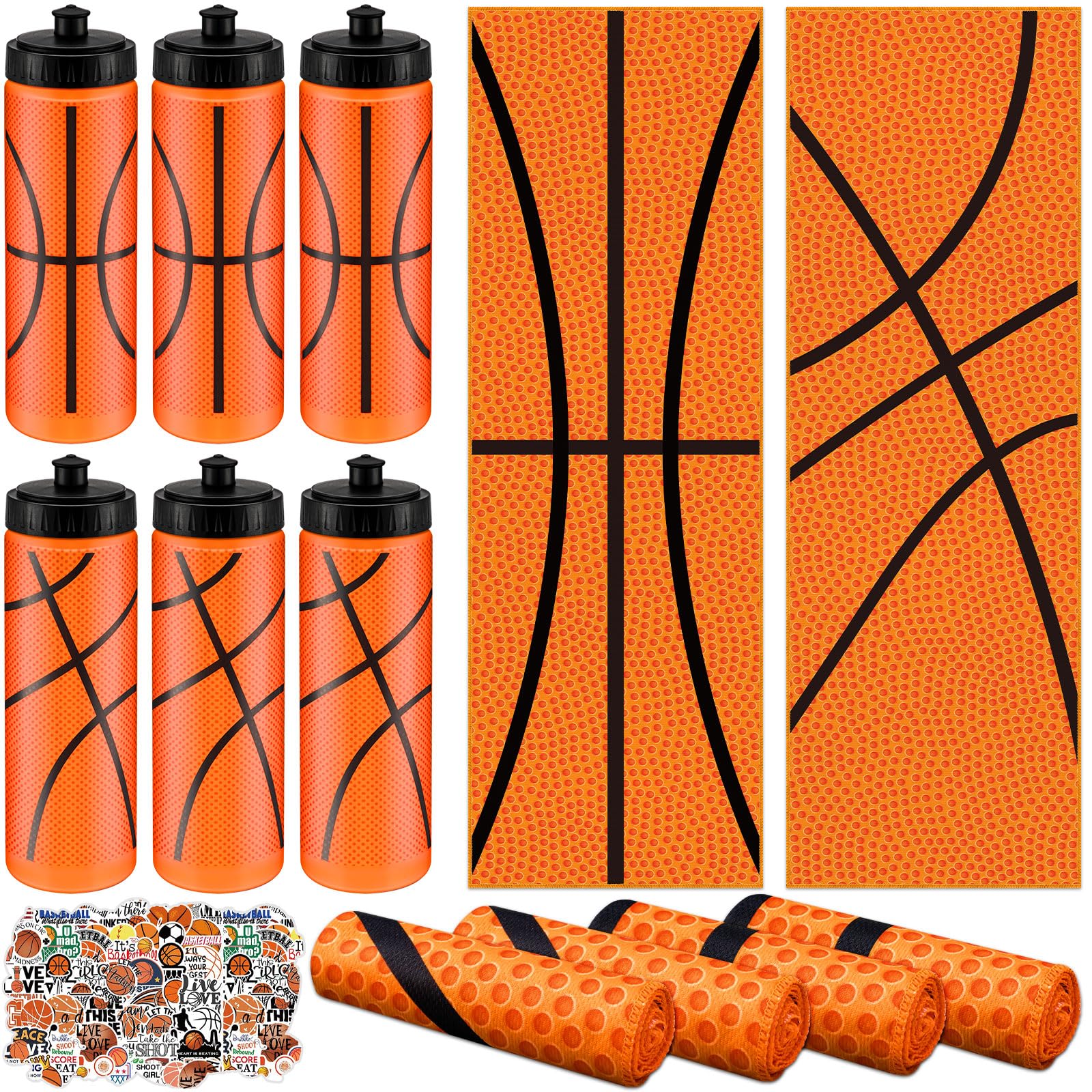 FuWeave 12 Pcs Basketball Water Bottle Basketball Cooling Towel Set with 50 Sticker Sports Party Favors Include 6 Reusable Sport