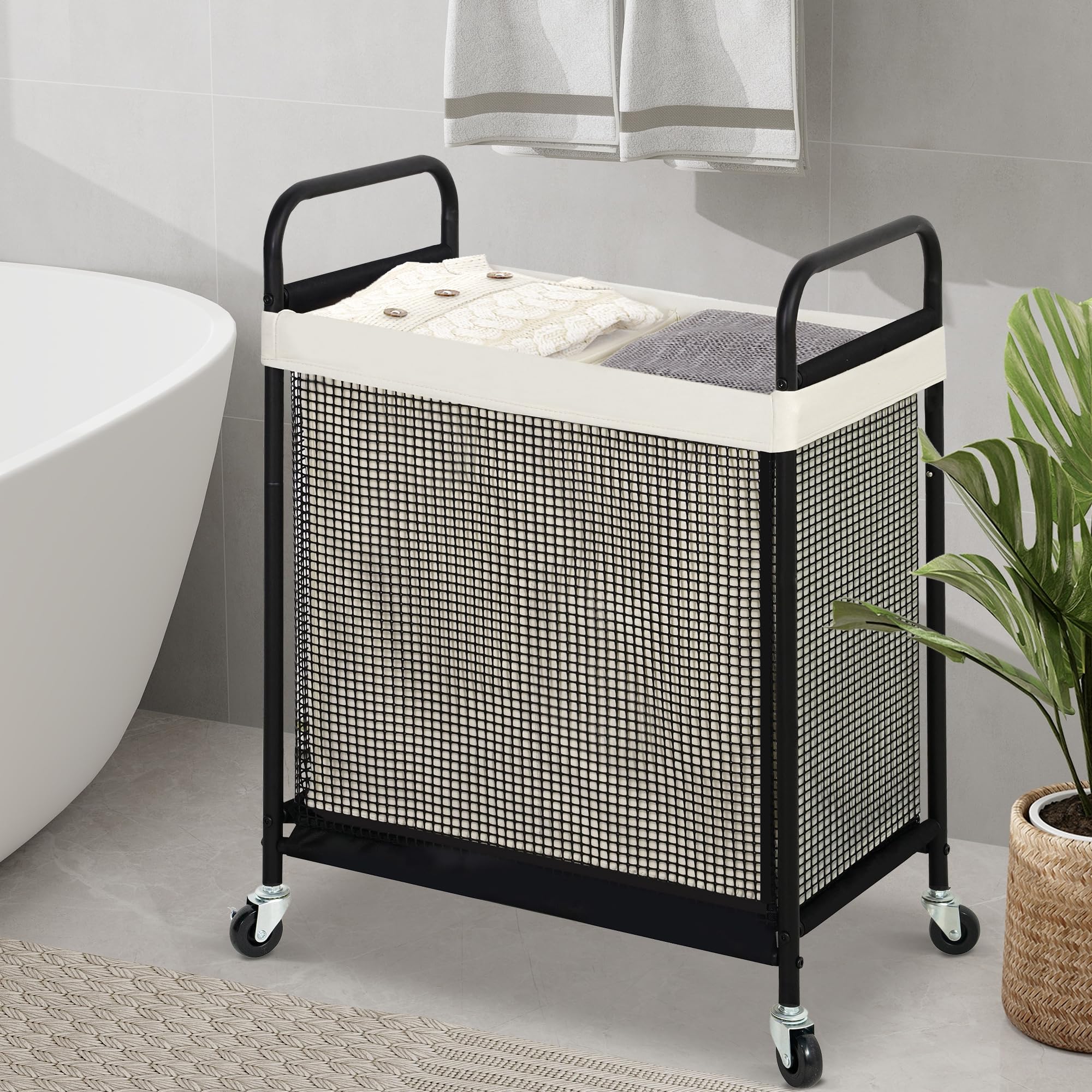 Sto Sto Laundry Hamper 2 Section, 100L Rolling Laundry Sorter Cart With Removable And Washable Liner Bag, Rolling Clothes Hamper