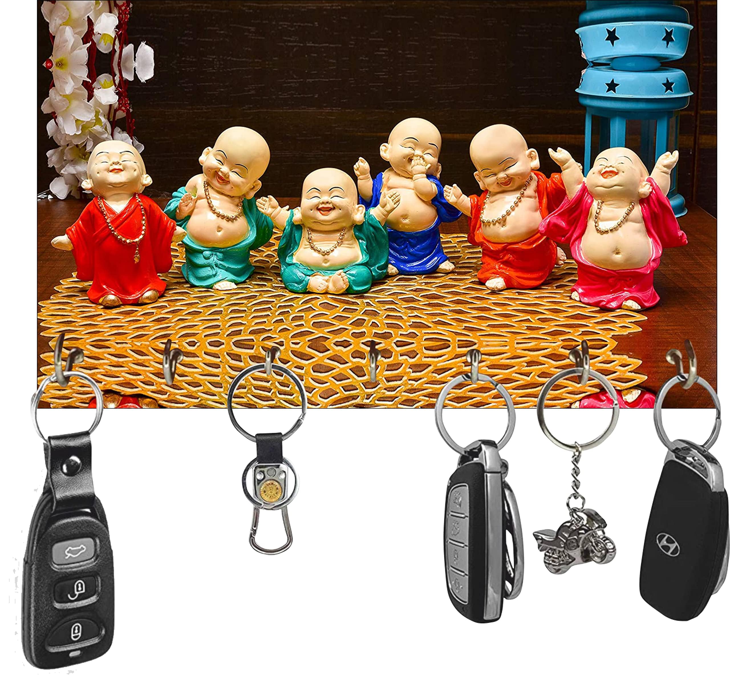 Decorative Lucky Buddha Key Holder with 6 Laughing Monks, Wall Mounted Key Organiser with Hooks, Multicolour