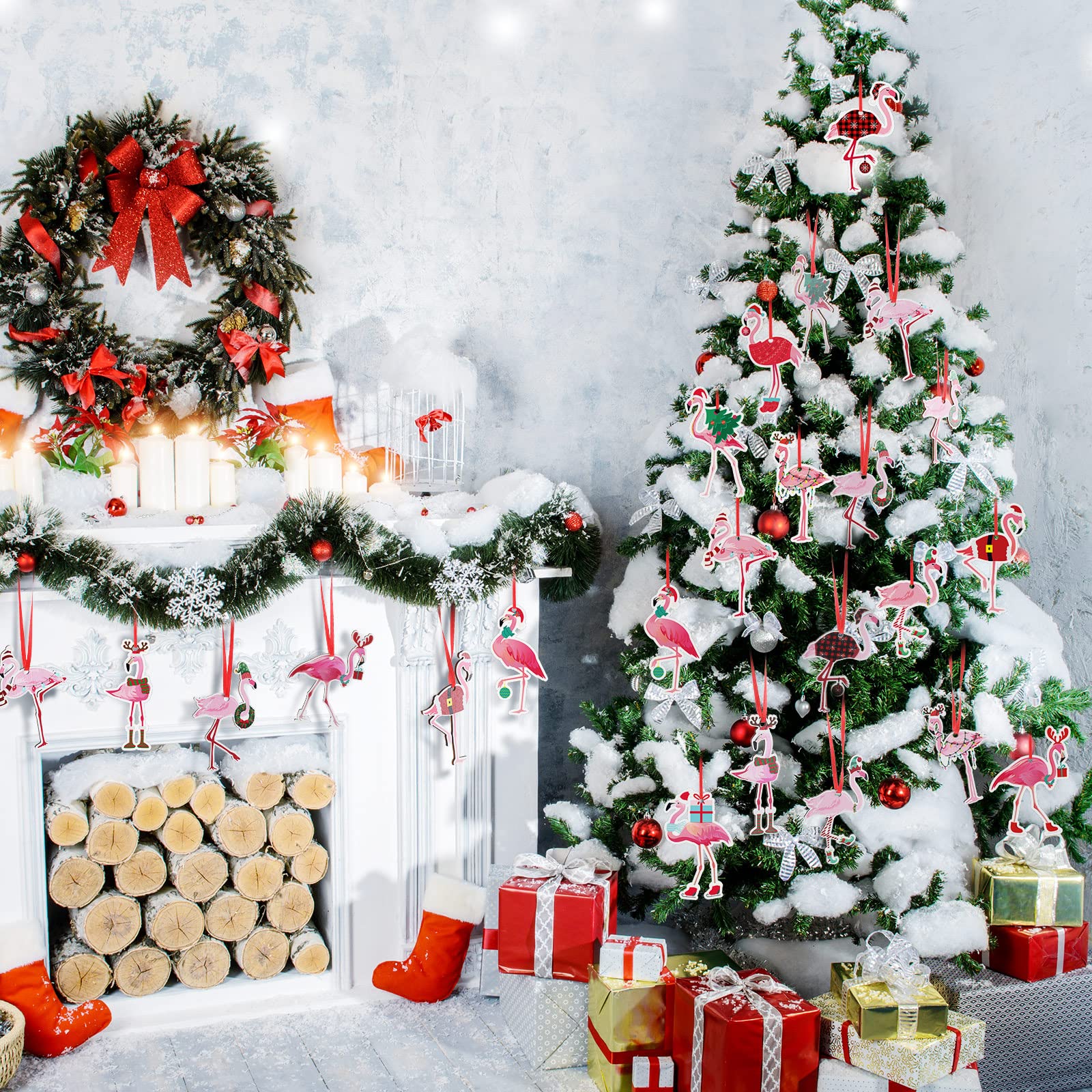 Blulu 12 Pieces Christmas Flamingo Ornaments Wooden Pink Hanging Flamingo Ornaments for Xmas Home Office Party Tree Holiday Deco