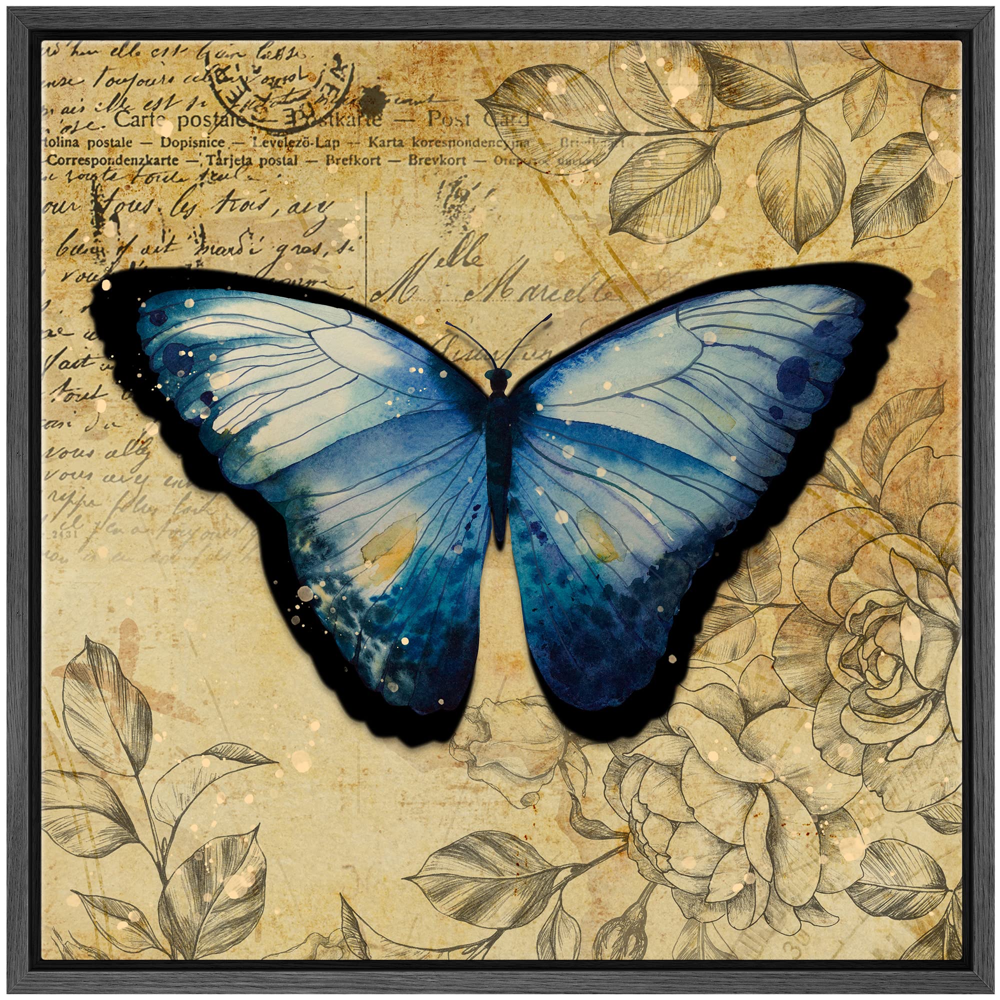 Wall26 Framed Canvas Print Wall Art Blue Monarch Butterfly Floral Pattern Nature Wilderness Rustic Modern Art Farmhouse Decorati