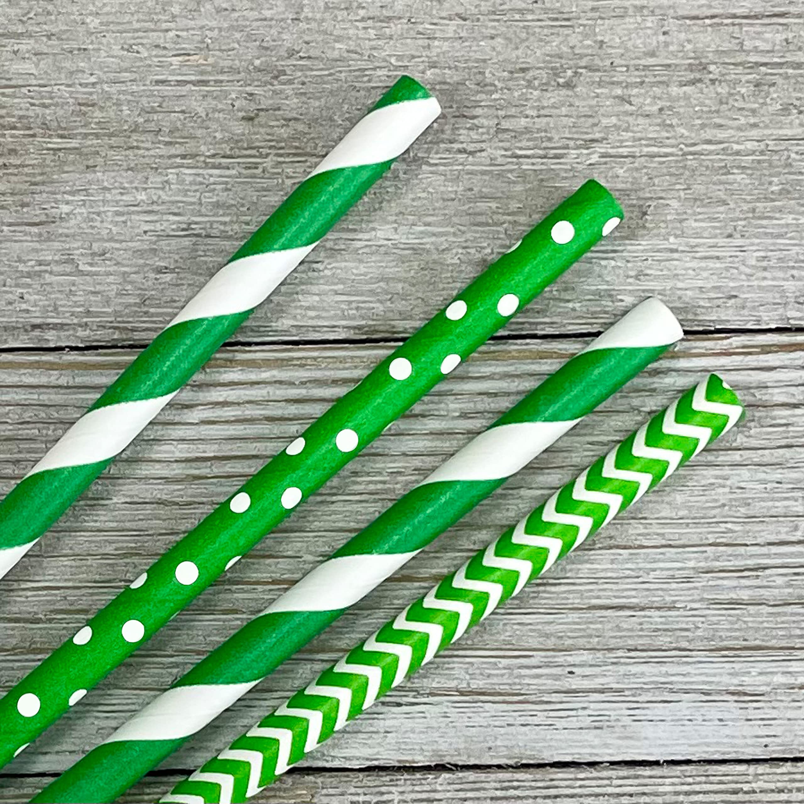 Green And White Paper Straws - Stripe Chevron Polka Dot - Birthday Christmas St Patrick'S Day Supply - 100 Pack Outside The Box
