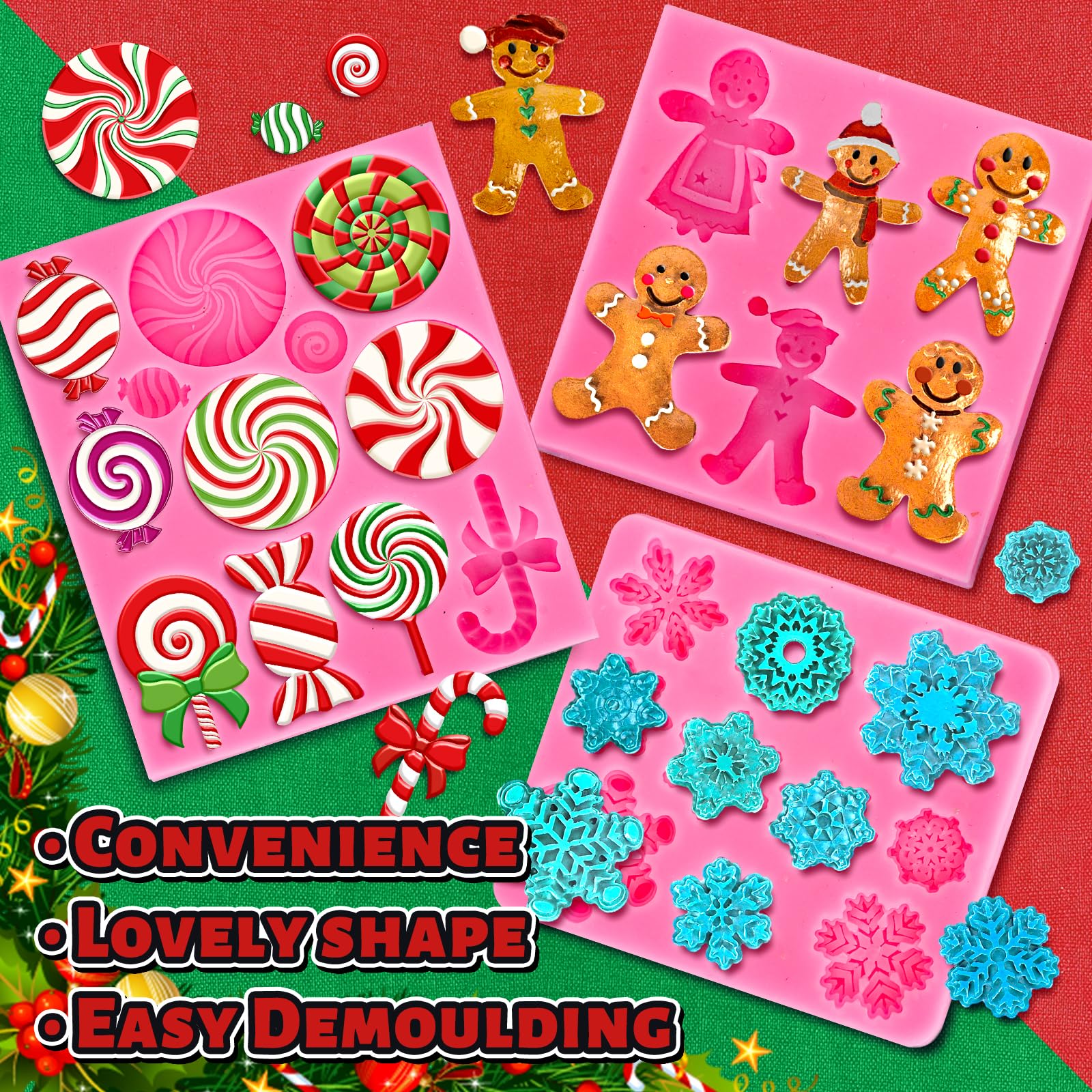 Whaline 3Pcs Christmas Candy Fondant Mold Pink Gingerbread Man Snowflake Silicone Mold Assorted Chocolate Candy Mould For Xmas W