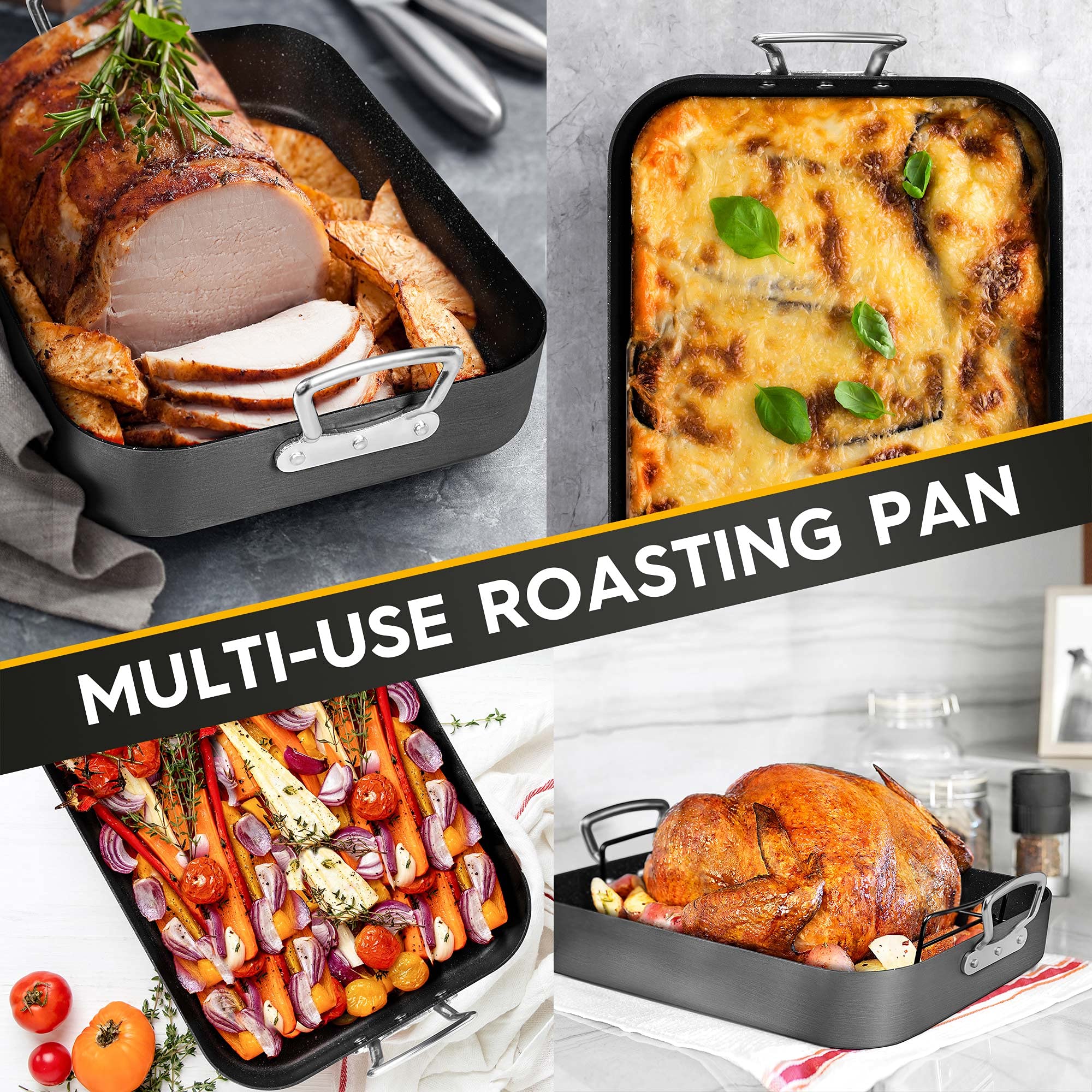 Michelangelo Roasting Pan With Rack, Hard Anodized Turkey Roaster Pan, Large Turkey Roasting Pan For Oven, Nonstick Rectangular