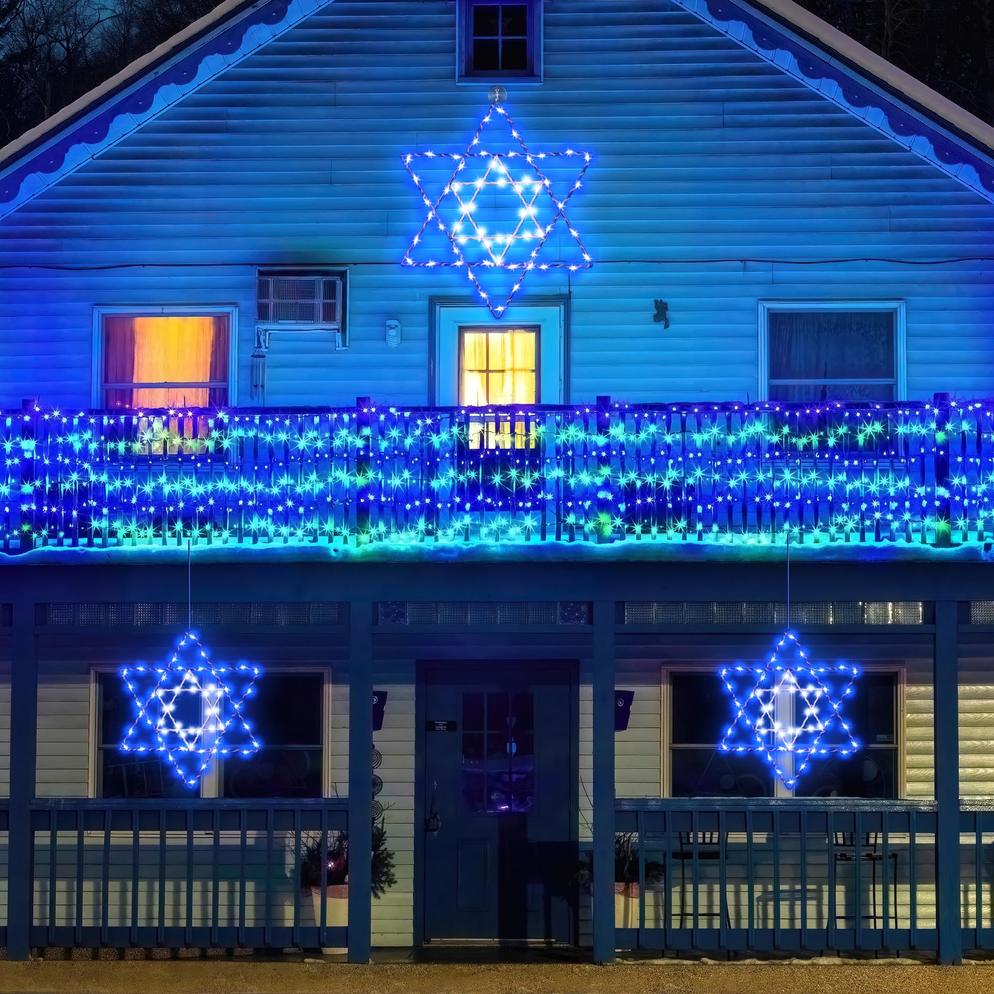 Hiboom Hanukkah Window Lights - 66 LED Blue Star of David Decor, 8 Lighting Modes, USB Powered, Indoor/Outdoor Use