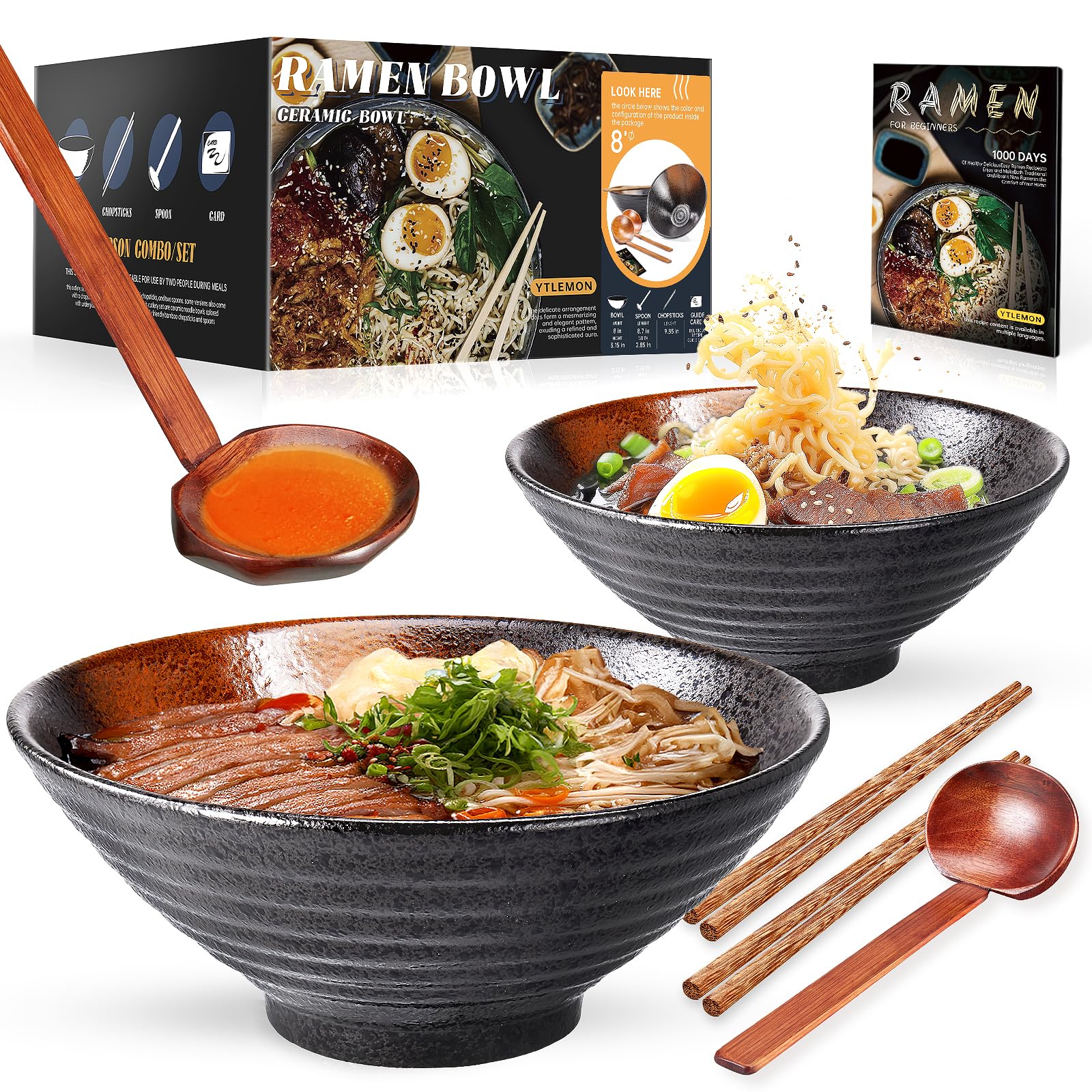 Ramen Bowls Set Of Ceramic, 2 Sets Of 34 Ounces Large Japanese Serving Bowls With Chopsticks And Spoons For Pho Soup Pasta Salad