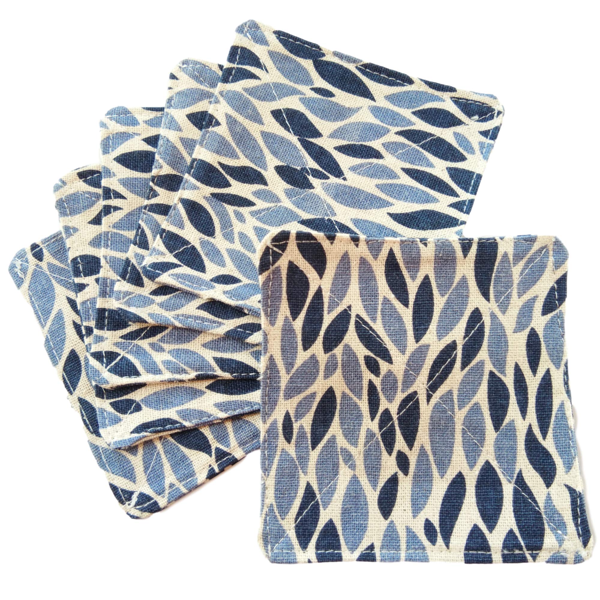 Cushystore 6 Pcs 2 Layers 100% Cotton Coaster Navy Blue Leave Grains Saucer Absorbant Mat Pad Fabric For Glass Cup Drink Square