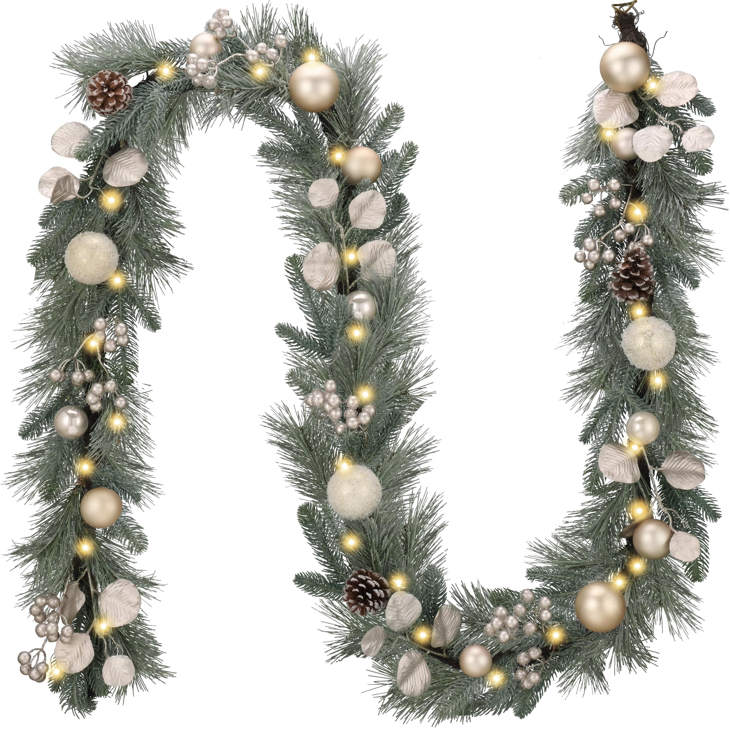 Valery Madelyn 9 feet Pre-Lit Christmas Garland with Lights for Mantle, Lighted Elegant Valentines Day Garland with White Gold B