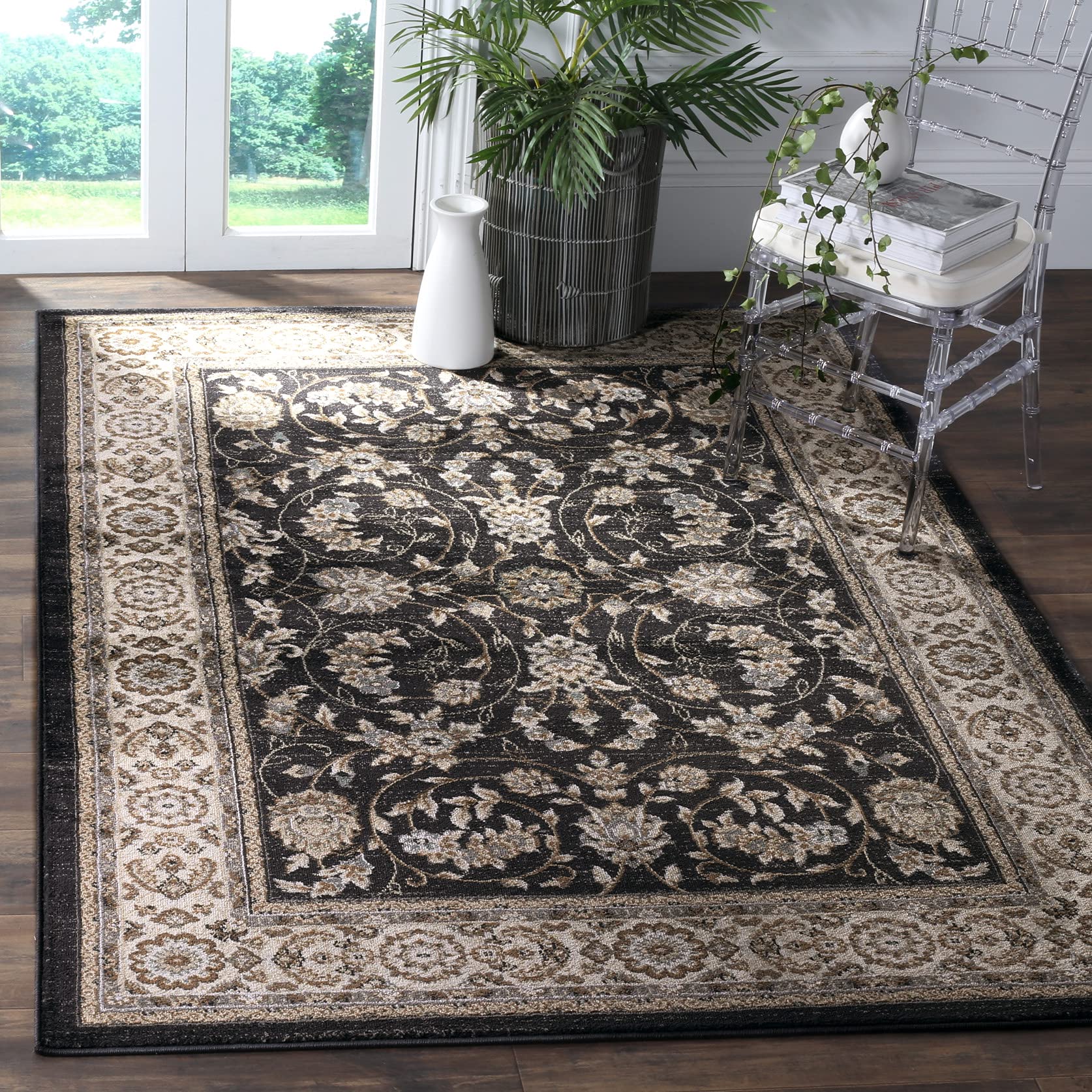 SAFAVIEH Lyndhurst Collection Area Rug - 6 x 9, Anthracite & Cream, Traditional Oriental Design, Non-Shedding & Easy Care, Ide