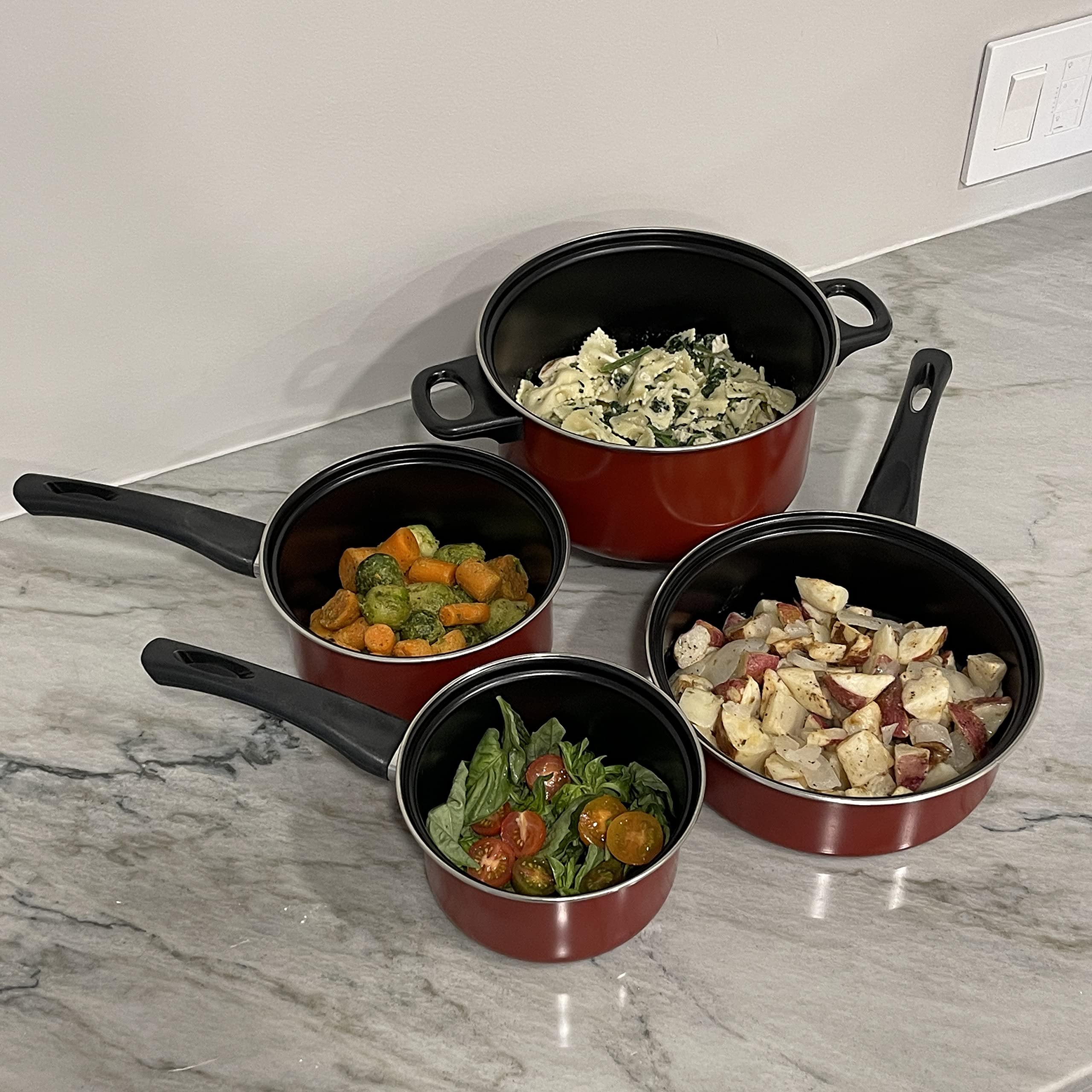 Imperial Home 7 Pc Carbon Steel Nonstick Cookware Set, Pots & Pans, Dishwasher Safe Cooking Set, Kitchen Essentials (Red)