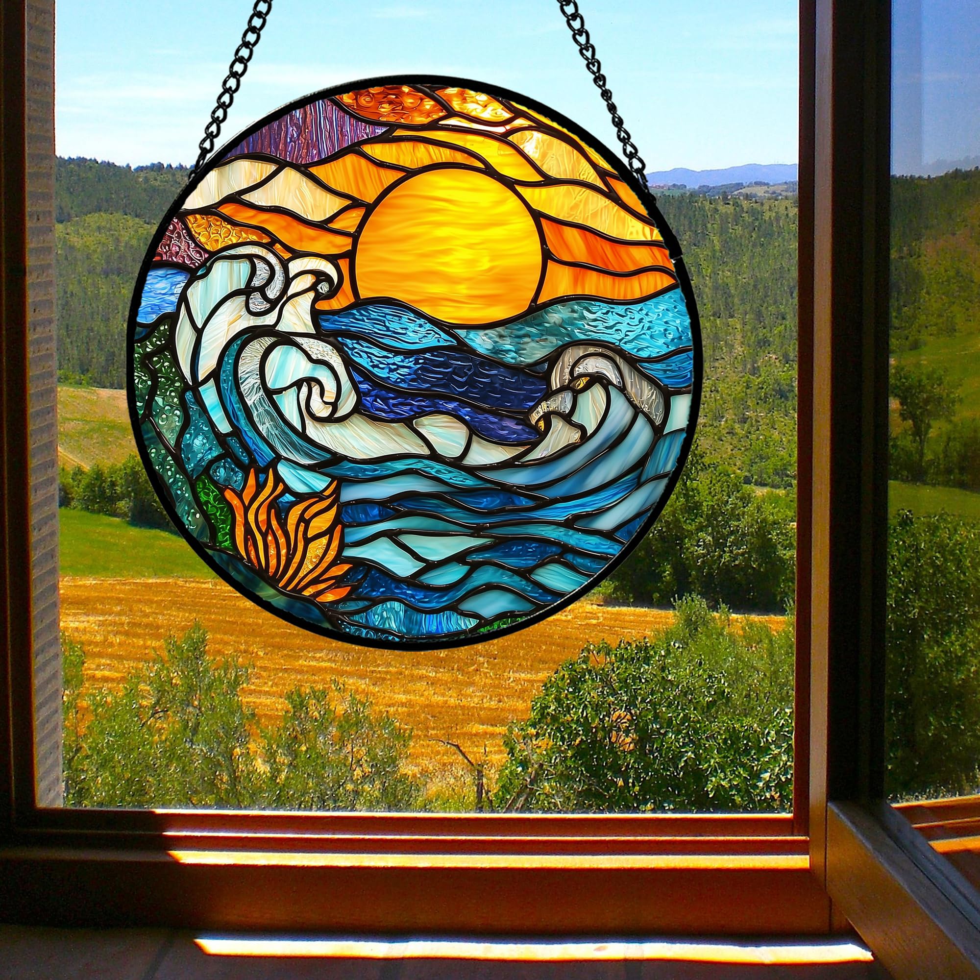 JOSUMALY Stained Glass Window Hanging, Orange Sun Blue Sea Waves Landscape Suncatcher for Doors Window Home Sun Catchers Decor M