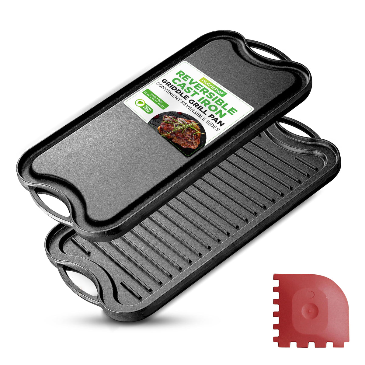 Nutrichef Reversible Cast Iron Griddle - Flat & Grill Sides, Extra-Wide, Oven Safe, Pfoa & Pfos Free, Compatible With Multiple S