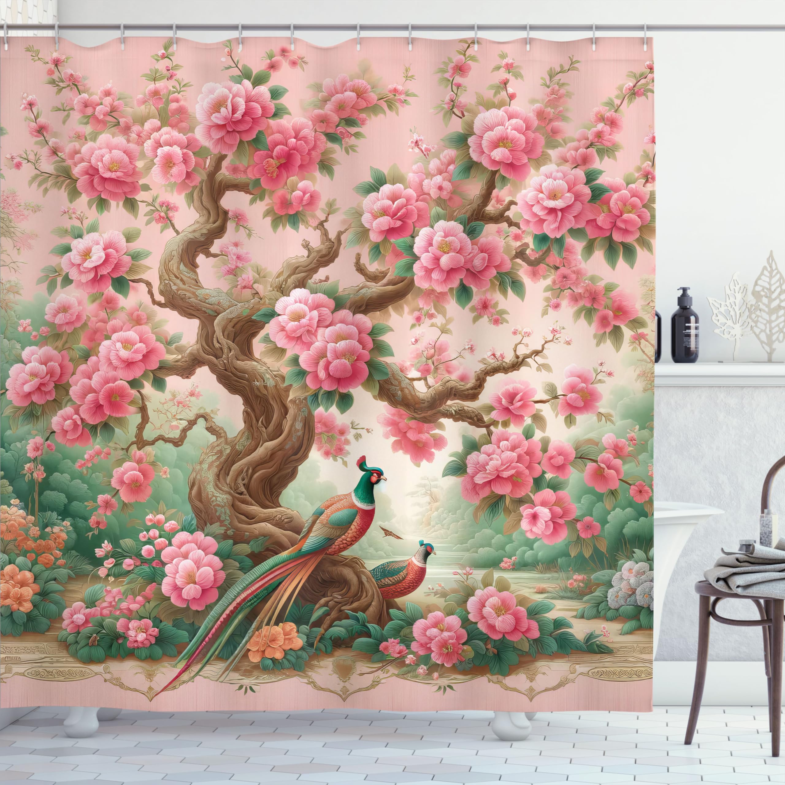 Ambesonne Spring Shower Curtain, Asian Dreamy Blooming Blush Tone Flowers And Peacocks With Fantasy Tree, Cloth Fabric Bathroom