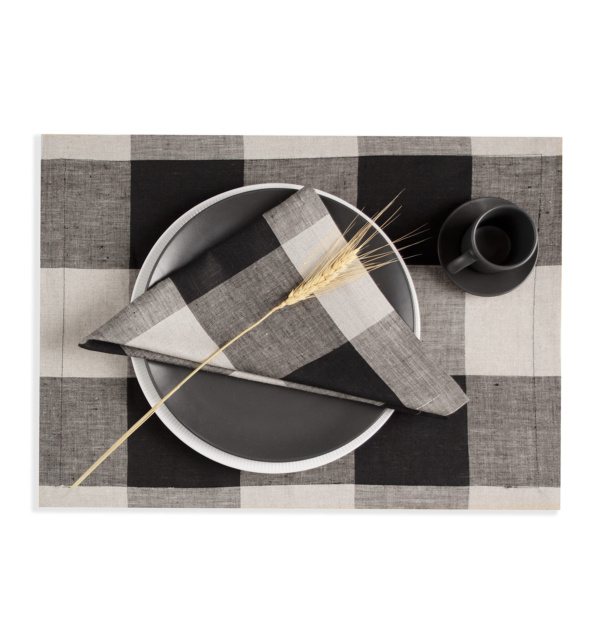 D'Moksha Homes Buffalo Check Linen Placemats Set Of 4-100% Pure Linen Black And Natural Plaid Placemats 14 X 19 Inch - Machine W