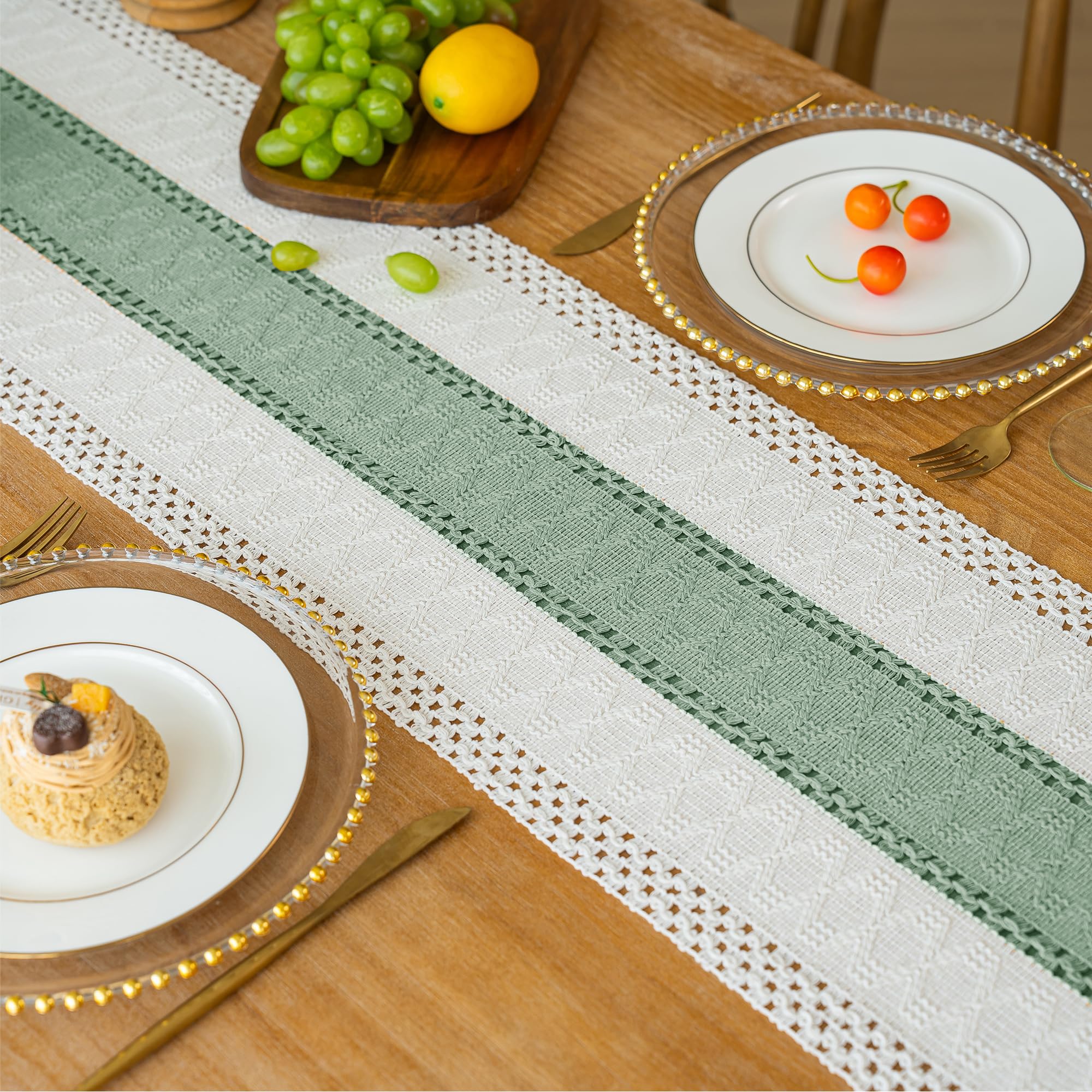 FEXIA Boho Table Runner for Home Decor with Tassels 60 Inches Long,Sage Green Farmhouse Rustic Table Runner Macrame Burlap Table