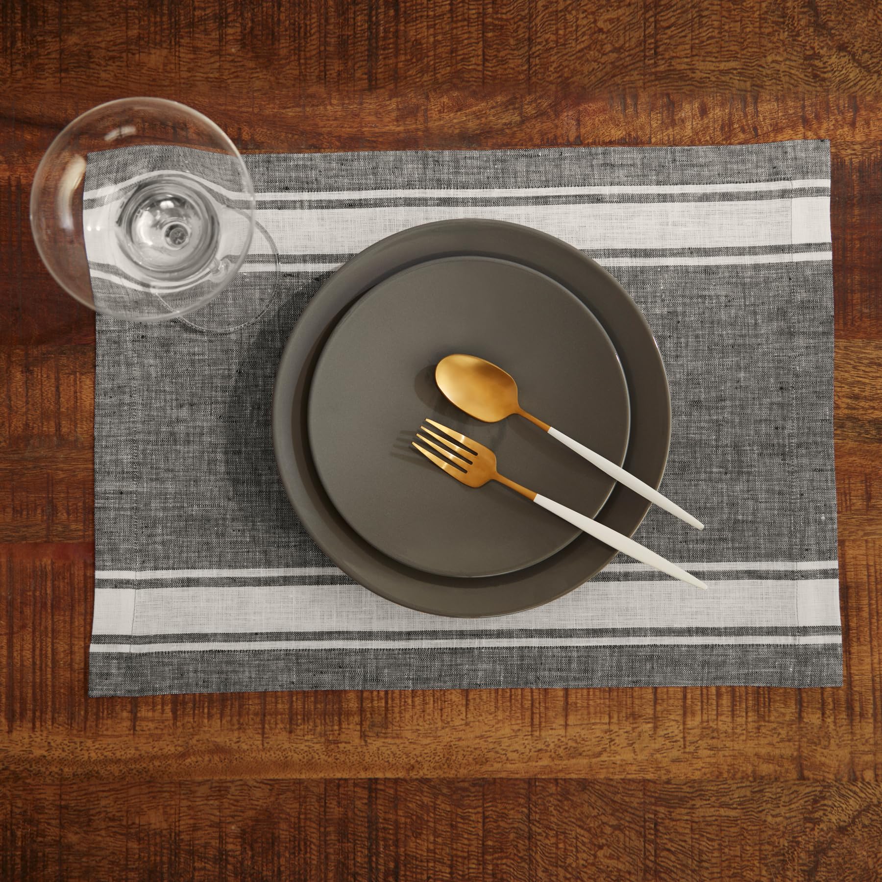 Solino Home Stripe Linen Placemats 19'' L X 14'' W Inch - 100% Pure Linen Farmhouse Stripe Black And White Cloth Placemats Set O